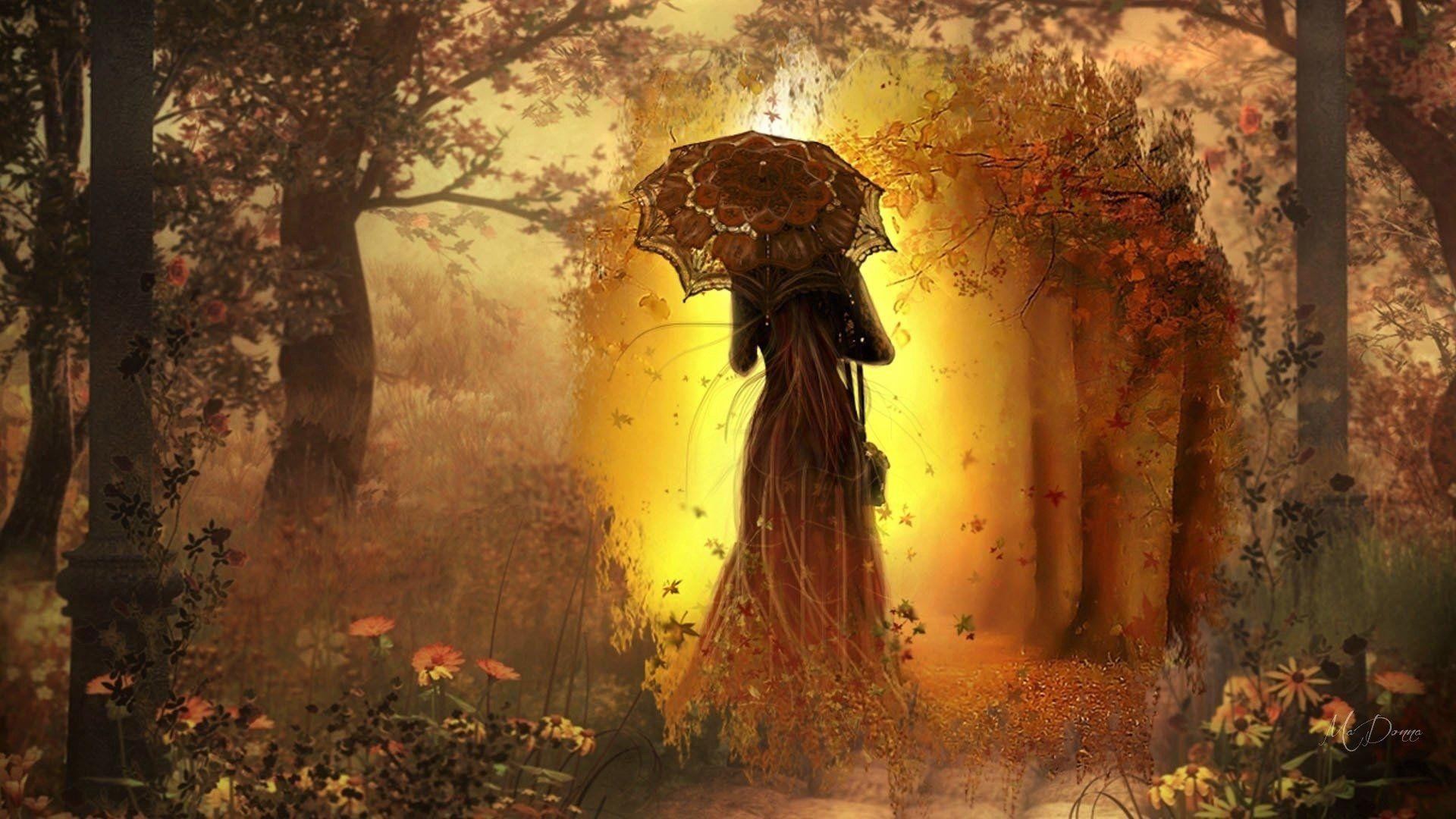 1920x1080 Gothic Autumn Enchantment: Woman with Umbrella in Mystical Forest Fantasy Wallpaper