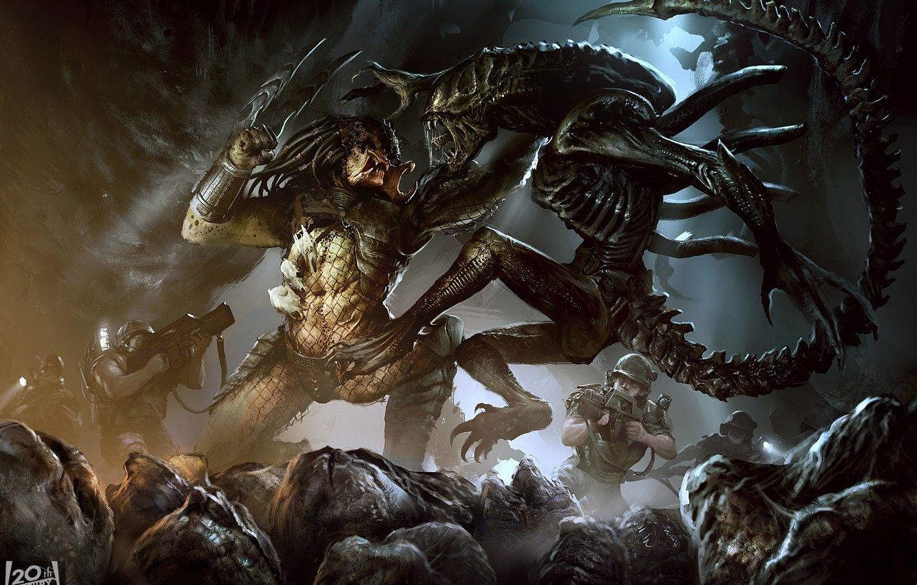 1332x850 Wallpaper soldiers, aliens, Predator, Alien, art, marines, Alien vs Predator, xenomorph, giger, avp image for desktop, section игры