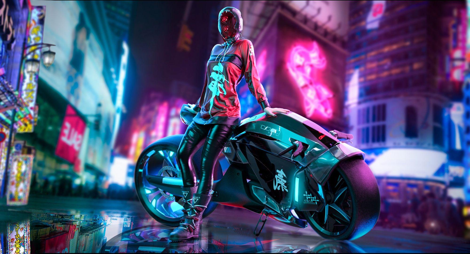 2000x1080 Motorcycle, Cyberpunk, Girl wallpaper and background
