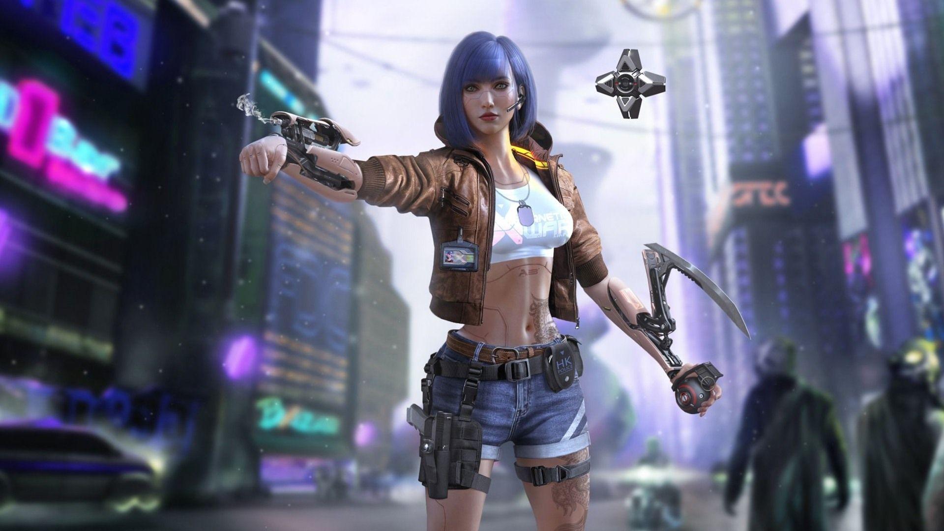 1920x1080 Cyberpunk 2077 Blue Hair Cyborg Girl Wallpaper 45581