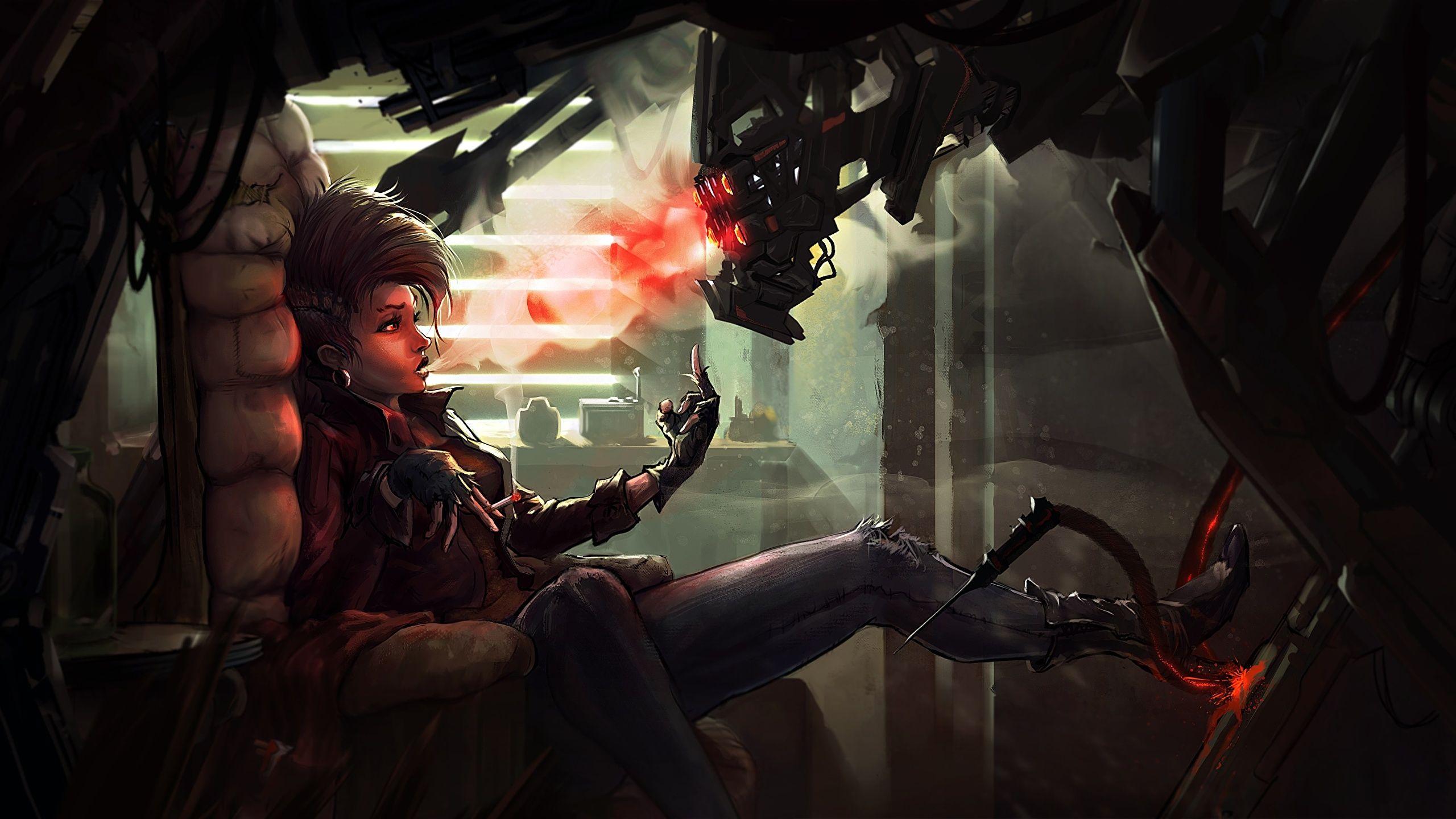 2560x1440 Picture robots cyberpunk Fantasy young woman Legs Wing
