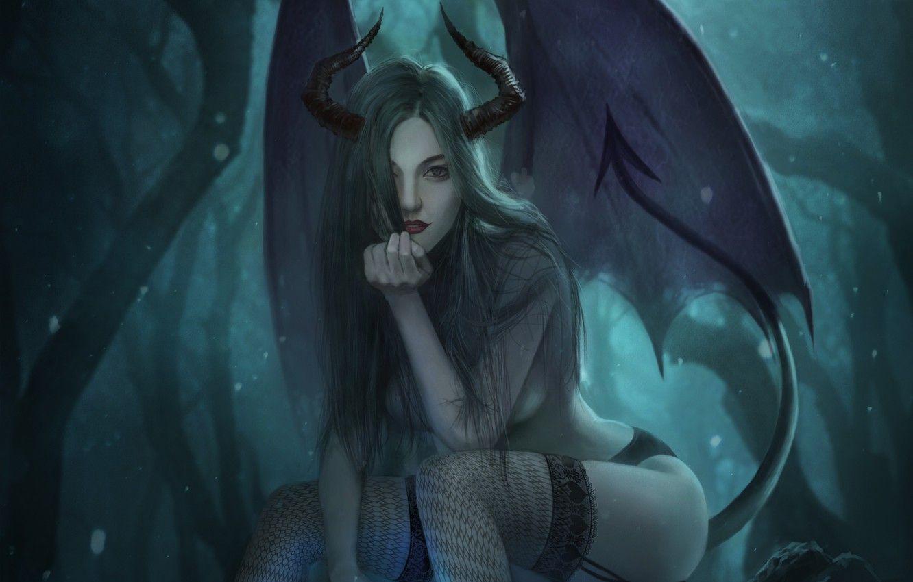 1332x850 Wallpaper Girl, Girl, Darkness, Horns, Dragon, Art, Beautiful, Art