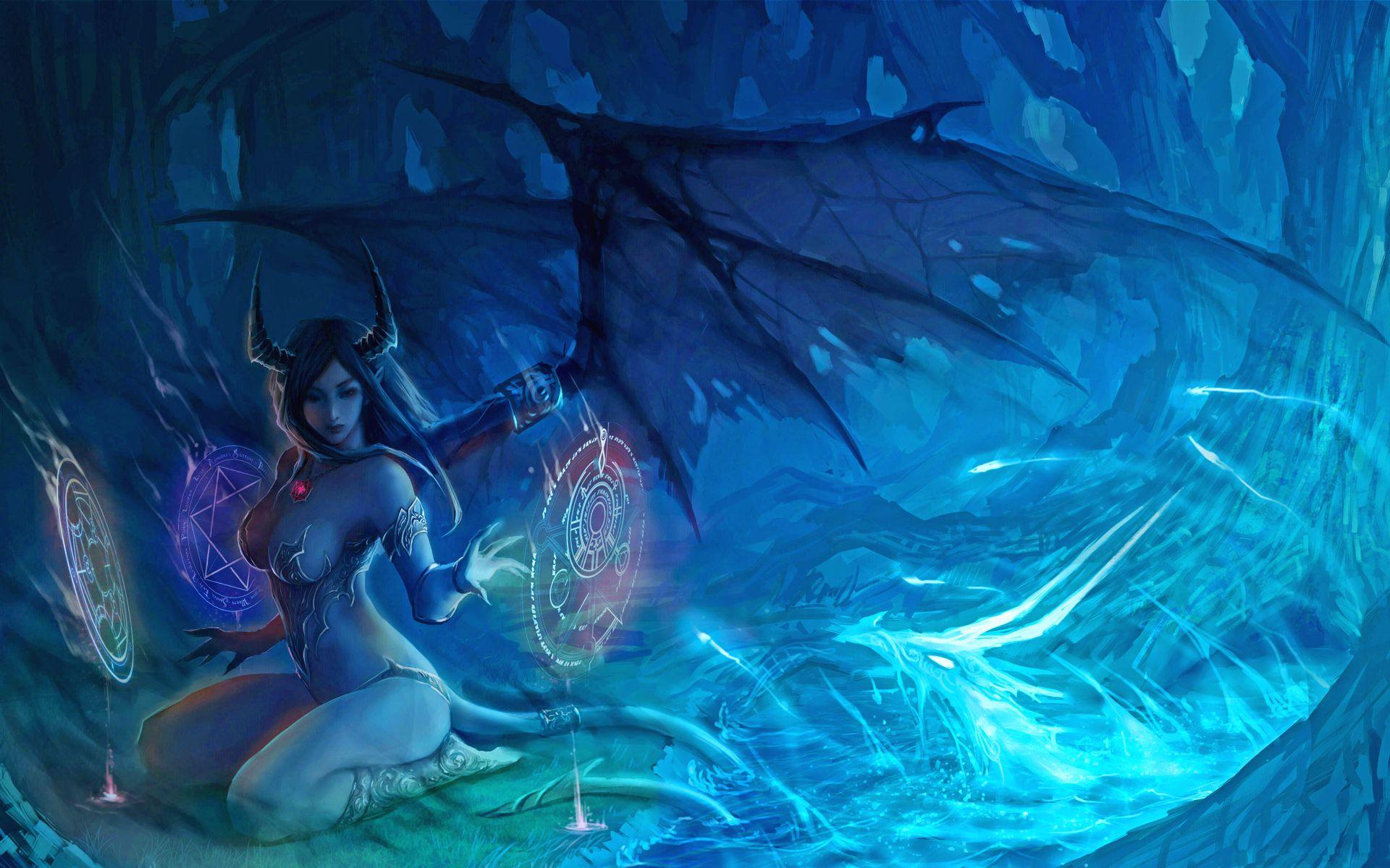 1920x1200 fantasy, dark, magic, succubus, dragon wallpaper