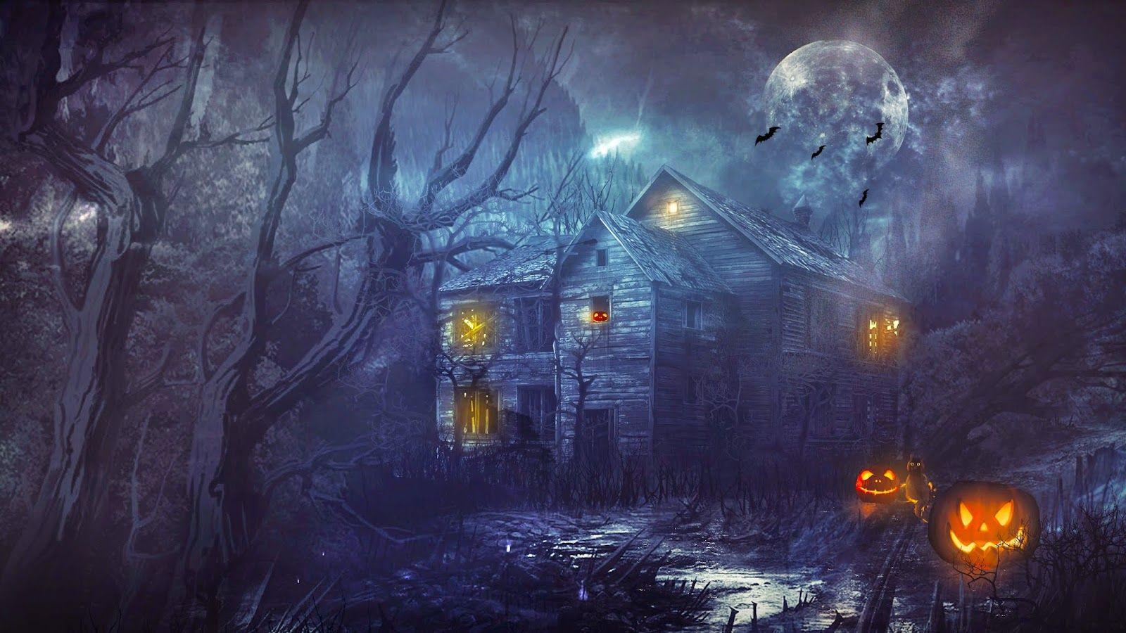 1600x900 Halloween đêm kinh dị đáng sợ bù nhìn ngôi nhà ma ám bí ngô Hình ảnh HD