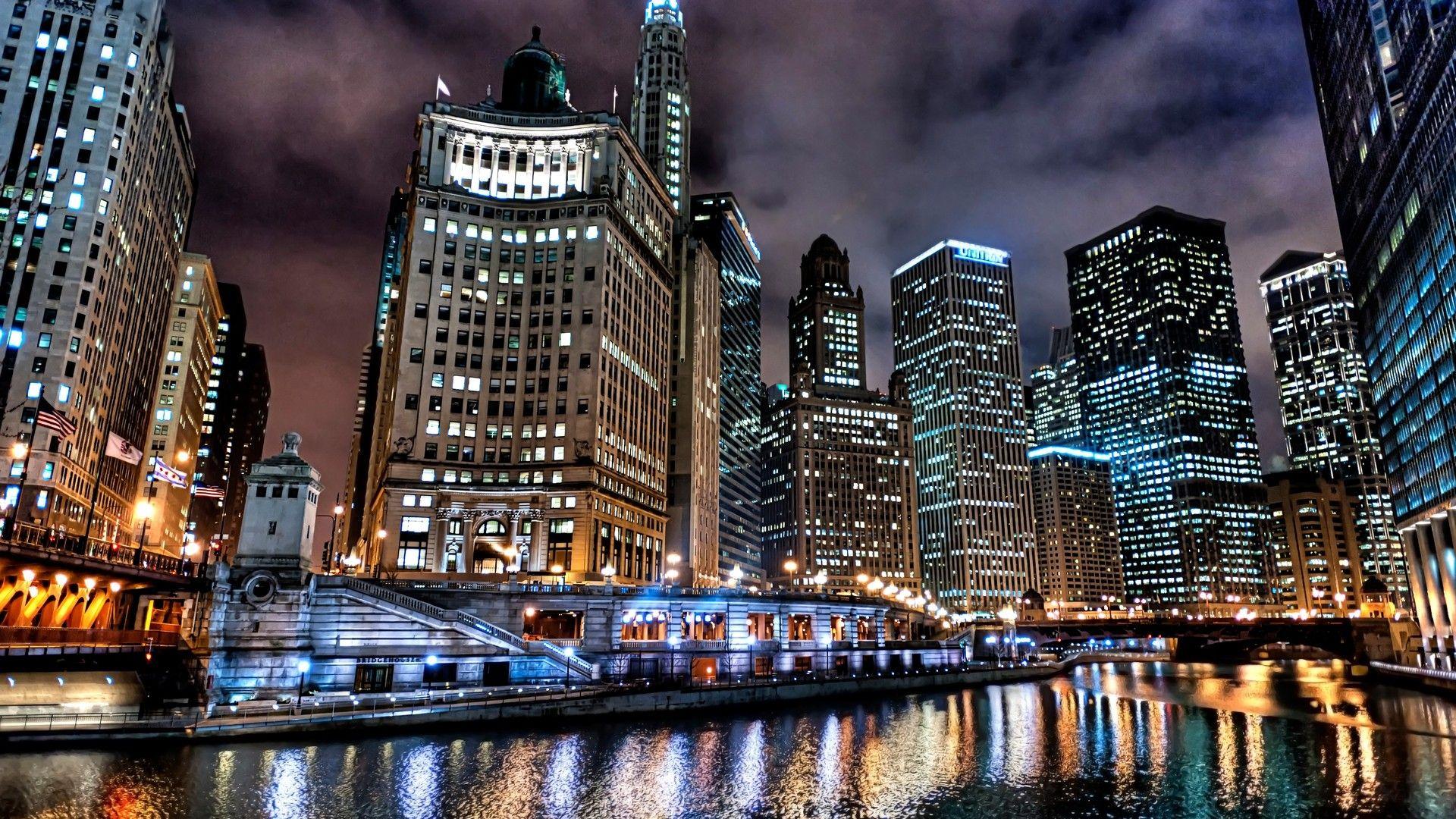 1920x1080 Chicago evening lights wallpaper. architecture. Wallpaper