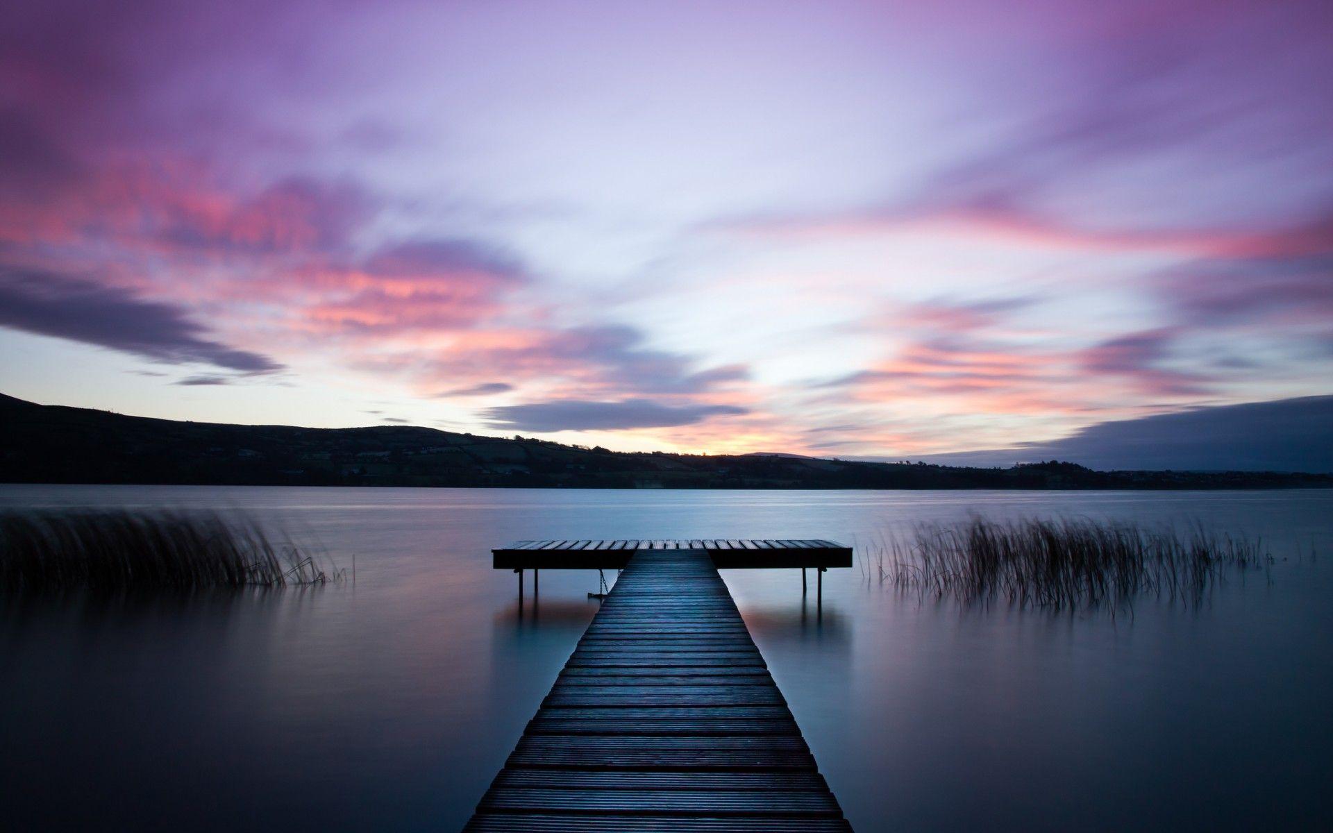 1920x1200 River beach water surface grass wooden bridge night purple