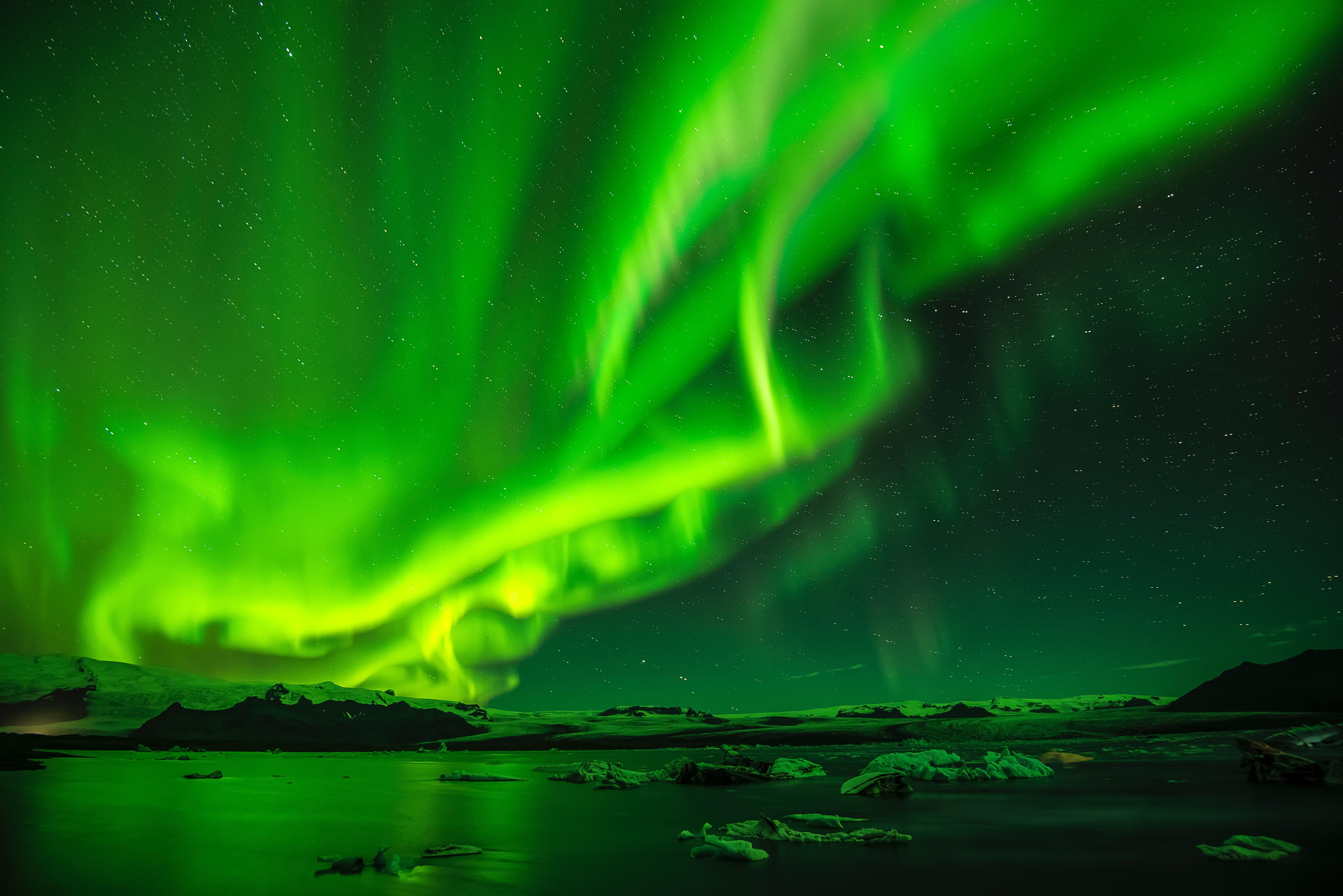 7360x4912 wallpaper northern lights, aurora, sky, starry sky, night