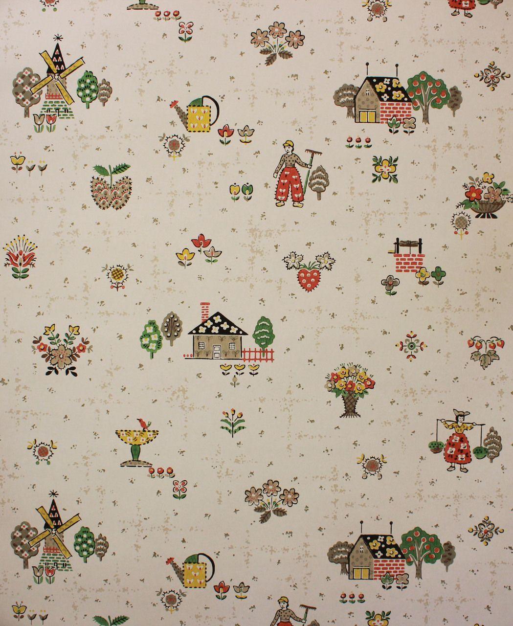 1049x1280 1940s Vintage Wallpaper Dutch Theme Windmill. Monticello