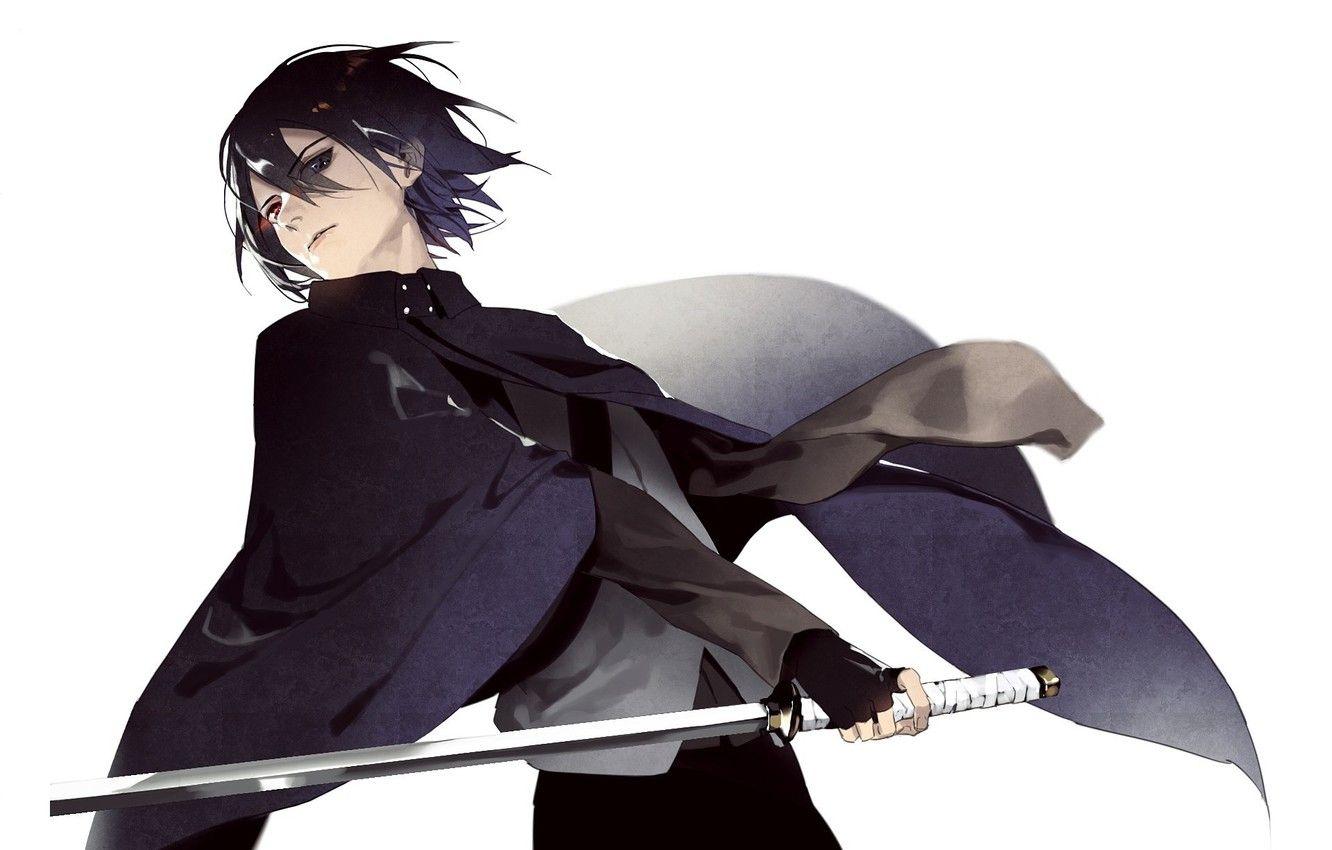 1332x850 Wallpaper look, katana, white background, guy, cloak, Sasuke