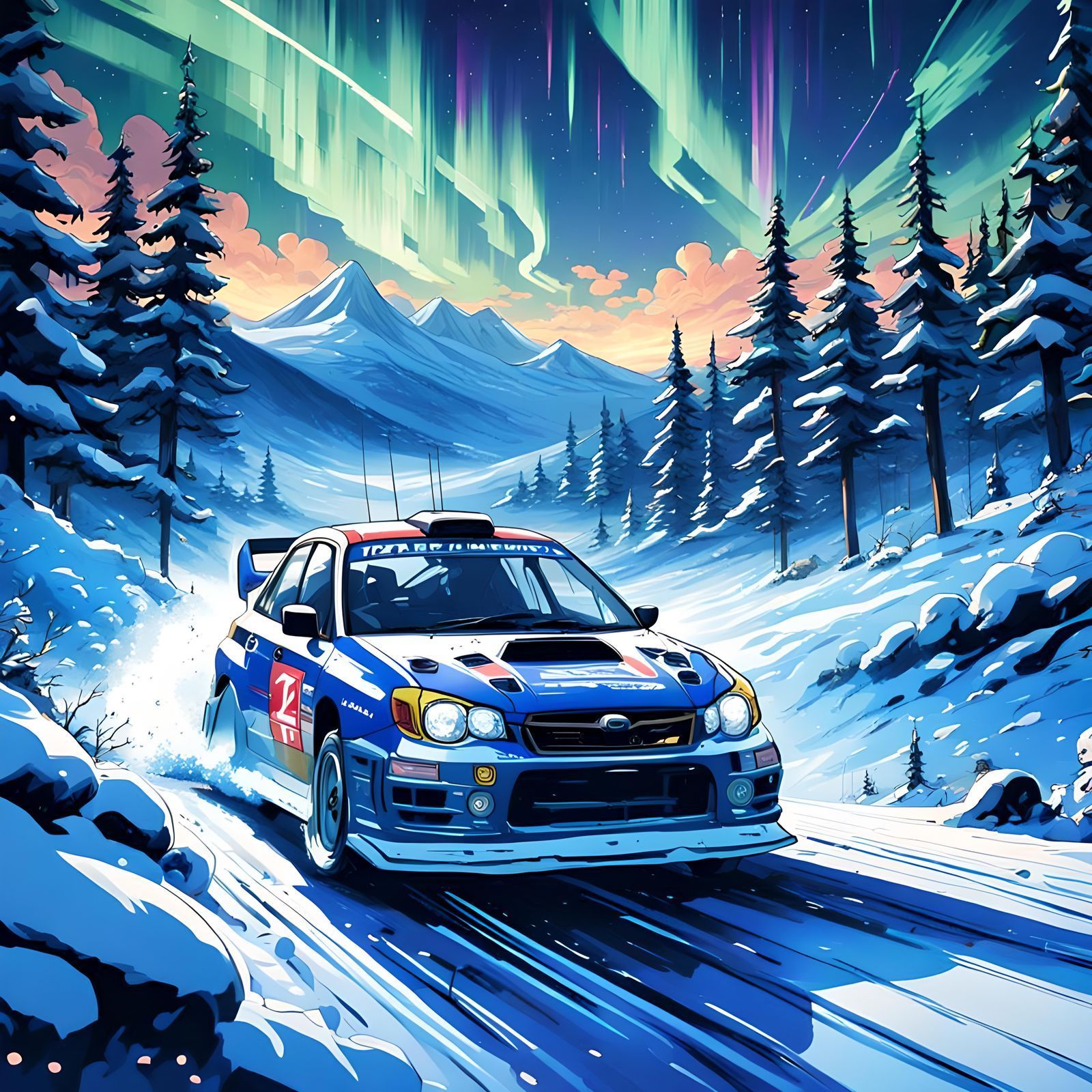 1600x1600 Subaru Impreza rally racing on Snowy