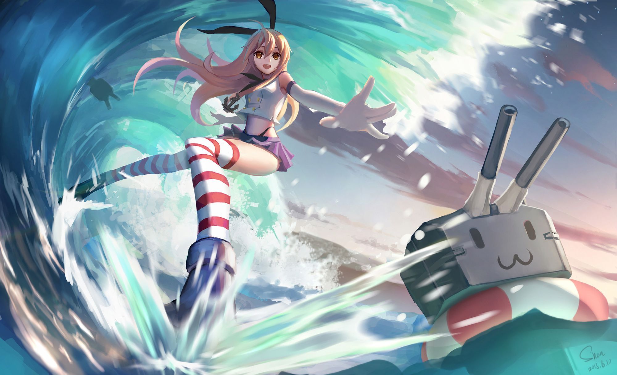 2000x1215 Phone wallpaper: Anime, Kantai Collection, Blonde, Boots, Glove, Long Hair, Rensouhou Chan, Shimakaze (Kancolle), Skirt, Smile, Thigh Highs, Water 754229