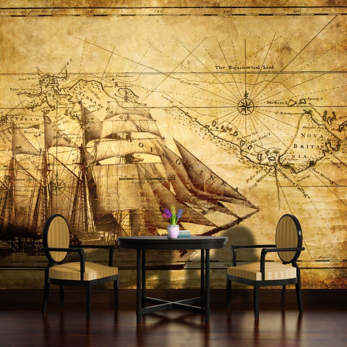 1200x1200 VINTAGE SCHIFF WELTKARTE Vlies