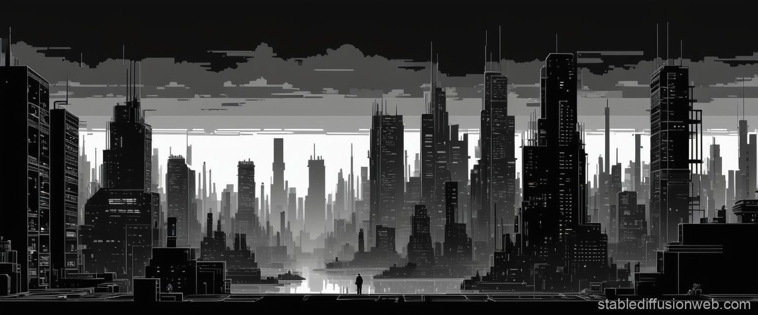 1536x640 Dystopian Cityscape in Black and White Pixel Art. Stable Diffusion Online