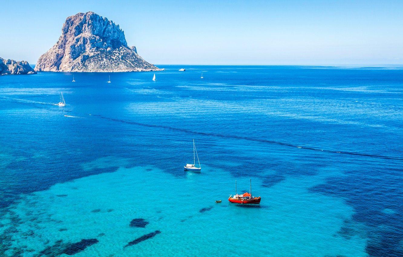1332x850 Wallpaper sea, rocks, yachts, horizon, Spain, Ibiza image