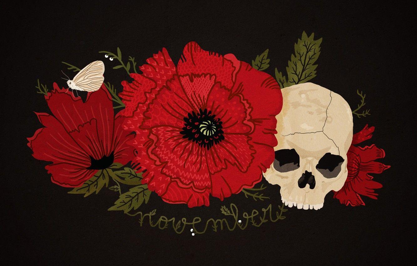 1332x850 Wallpaper skull, Maki, characters, red, black background