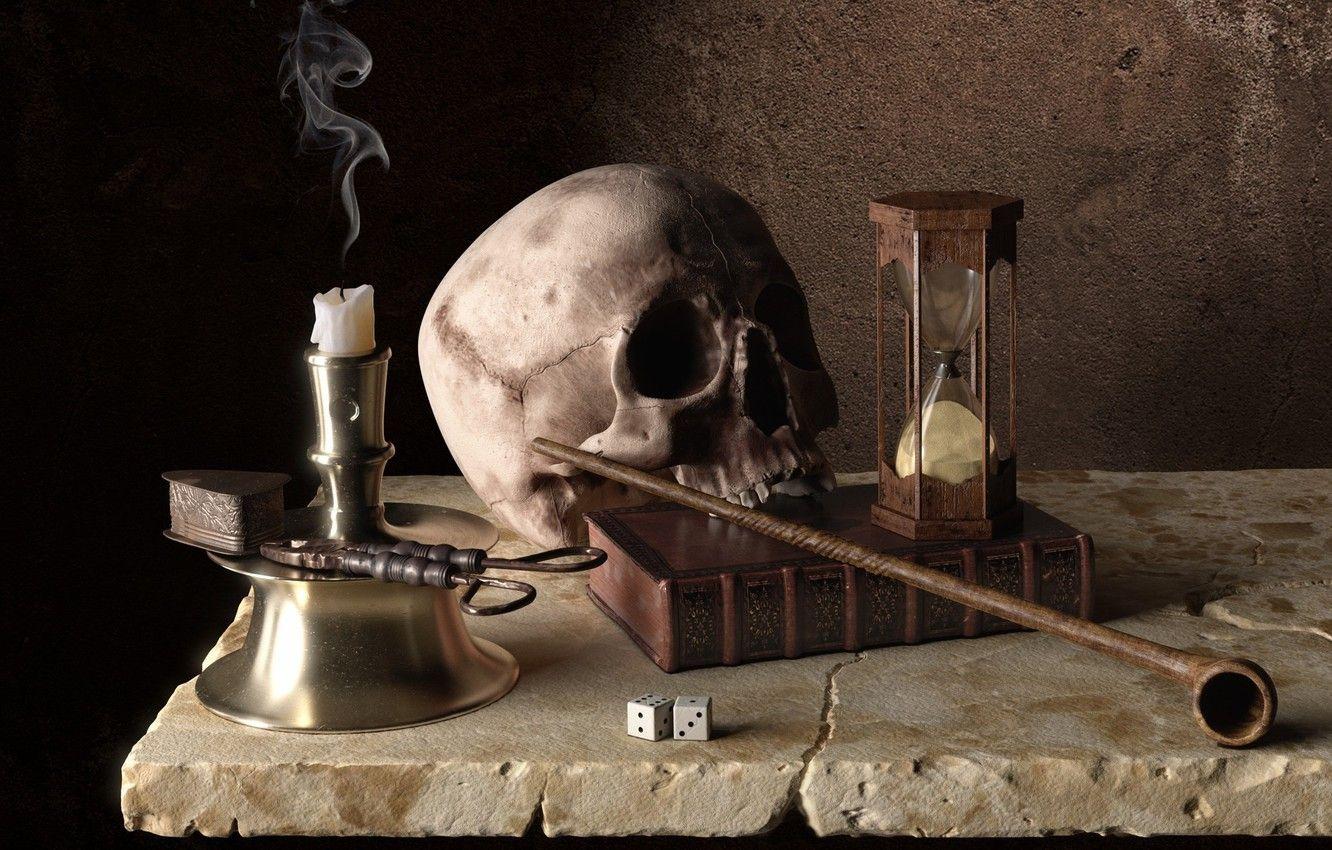 1332x850 Wallpaper time, skull, candle, tube, art, bones, book