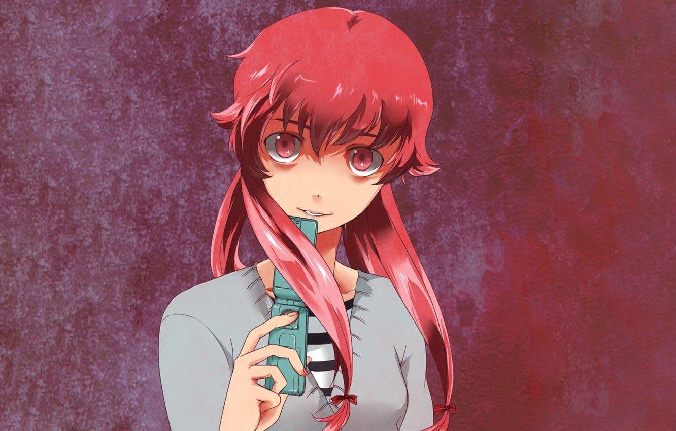 1332x850 Wallpaper girl, long hair, cell phone, Mirai Nikki, Gasai