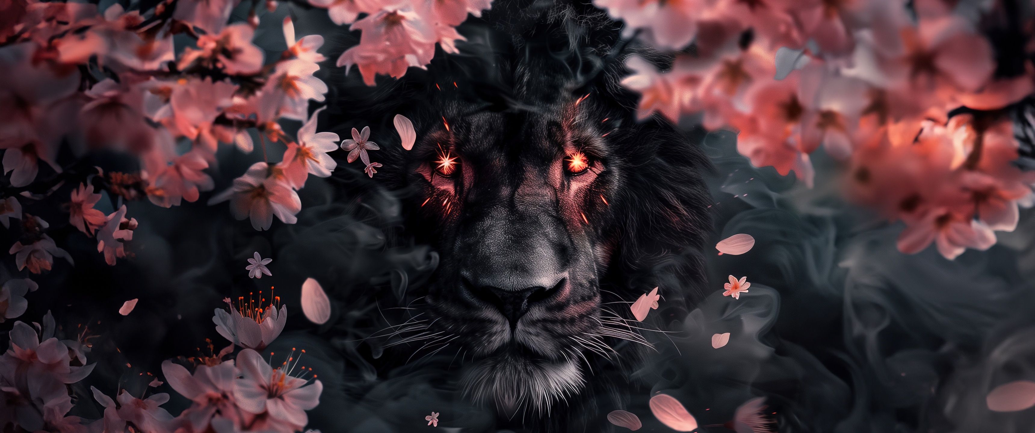 3440x1440 Lion Wallpaper 4K, Sakura, Smoke