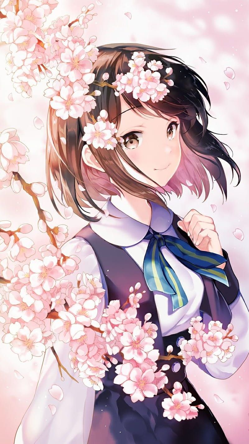 800x1423 Sakura Girl, anime, floral, aesthetic