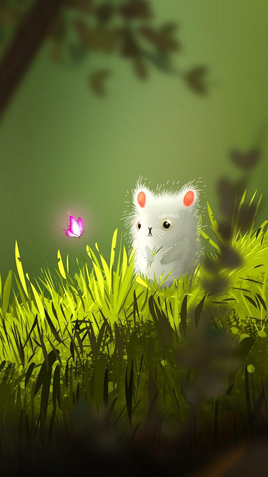 938x1668 Download wallpaper 938x1668 mouse, butterfly, cute, grass