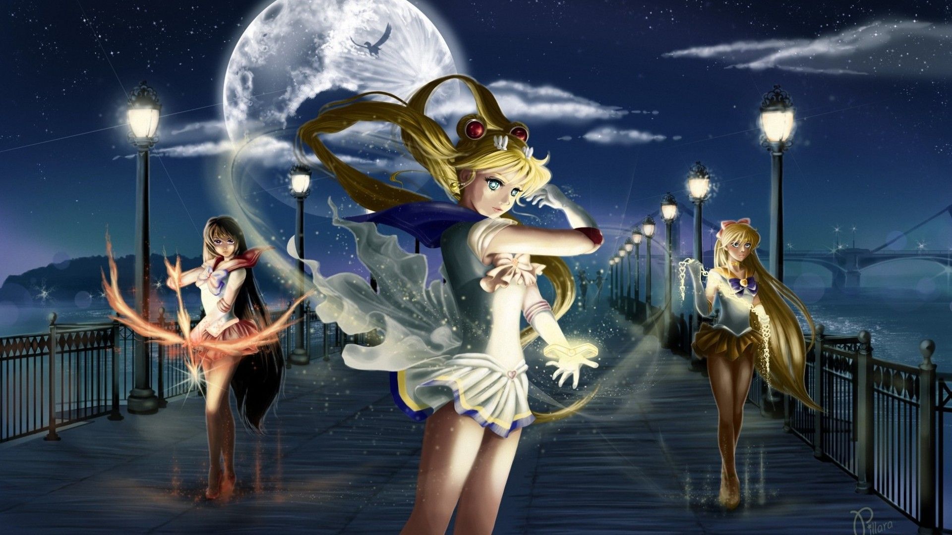 1920x1080 Desktop wallpaper: Bridge, Anime, Sailor Moon, Moon, Night 4K free download for PC. 346717