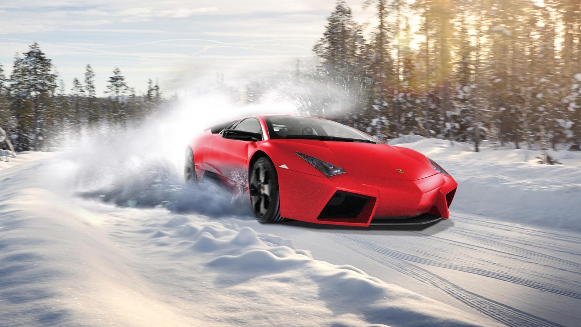 1920x1080 Snow landscape, red Lamborghini, wallpaper