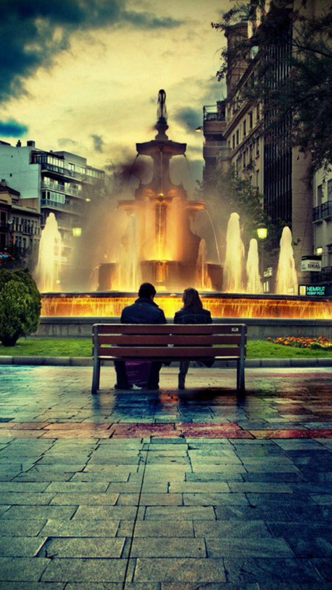 1080x1920 Lovers On Bench Fountain Romantic iPhone 8 Wallpaper Free