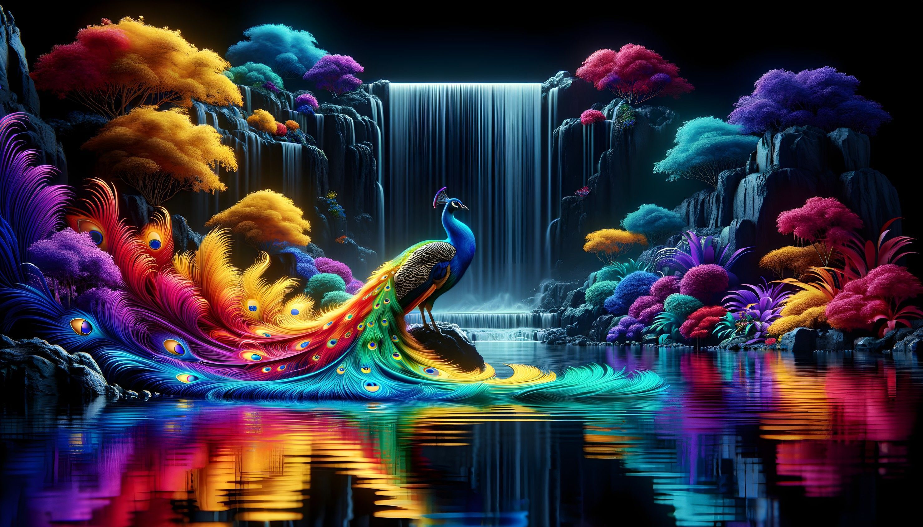 2958x1690 Colorful Peacock Art In Neon Lit