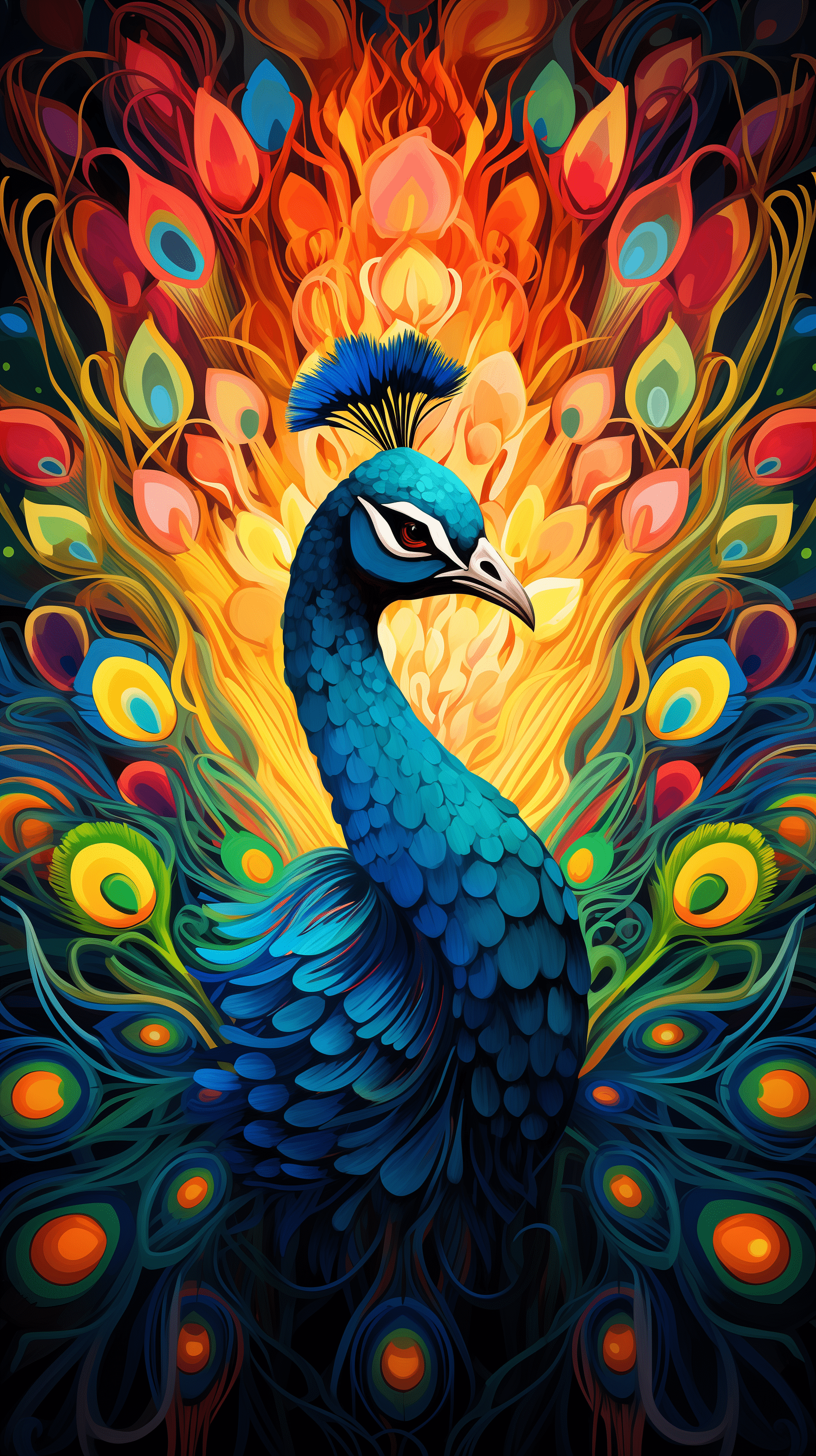 1632x2912 Vibrant Peacock Art Wallpaper