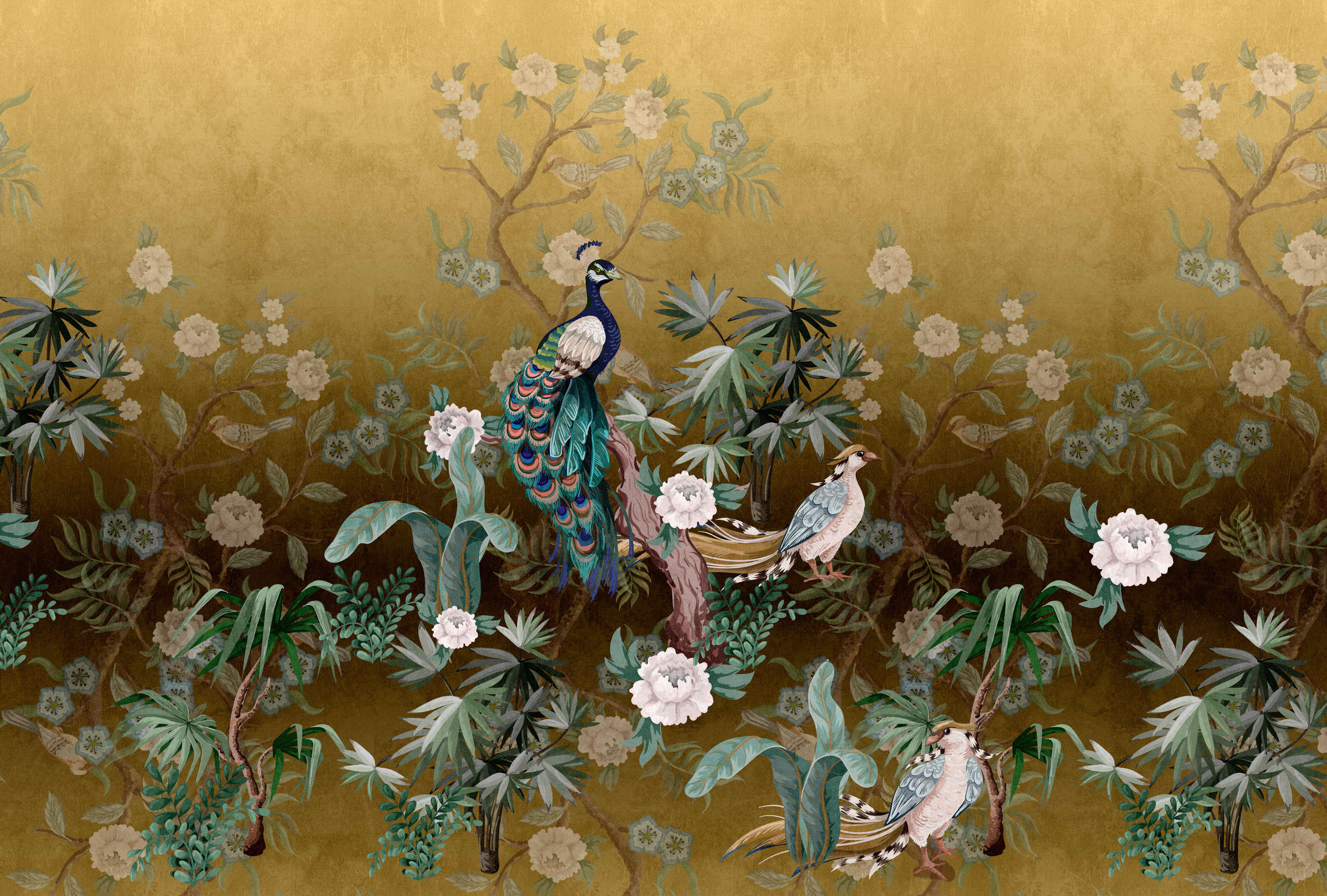 2444x1650 Peacock Garden Gold Wallpaper