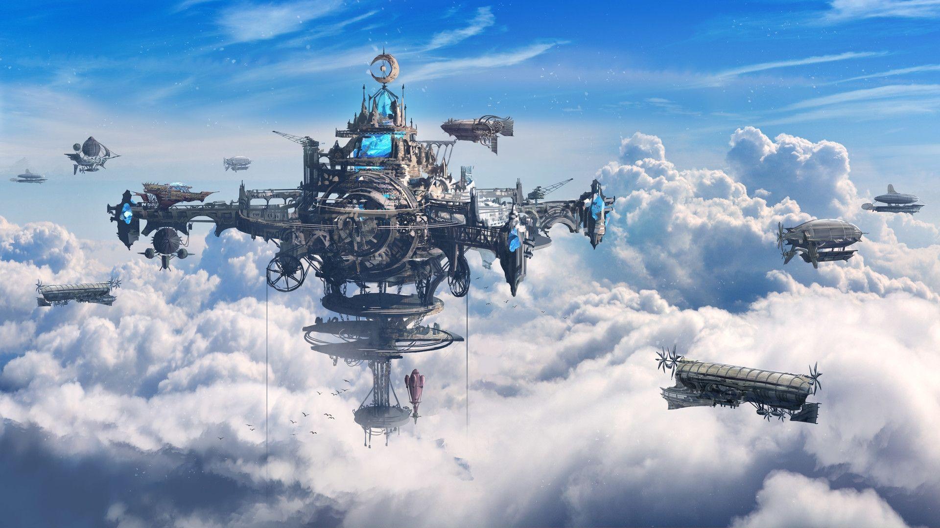 1920x1080 Download 1920x1080 Steampunk, Ships, Clouds, Sky City