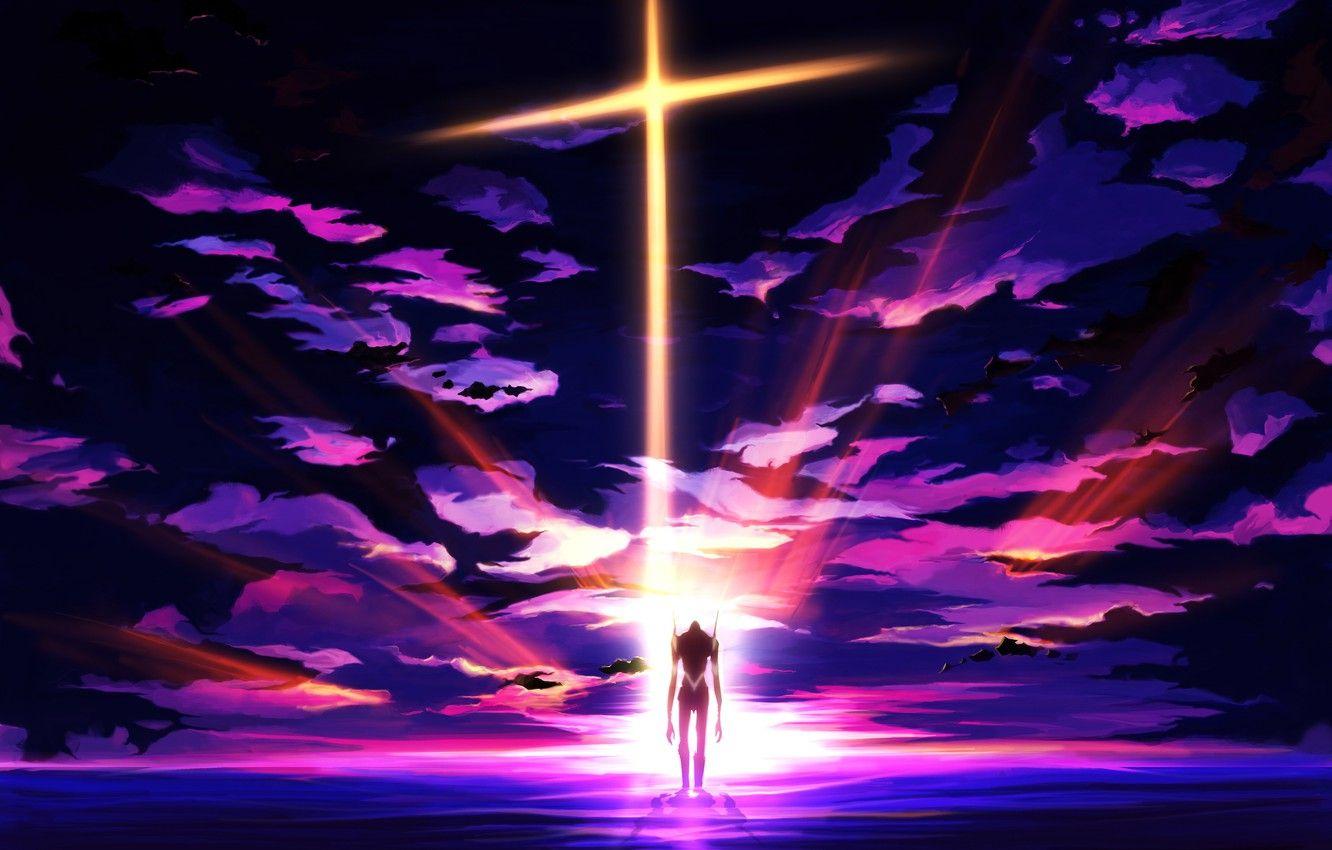 1332x850 Wallpaper the sky, clouds, sunset, robot, anime, art, neon genesis evangelion, fur, eva craft ghost image for desktop, section сэйнэн