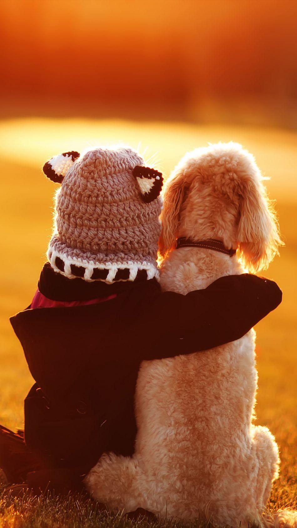 950x1689 Cute Child Dog Best Friends Sunset 4K Ultra HD Mobile Wallpaper
