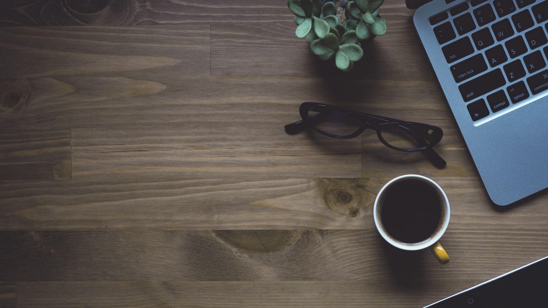 1920x1080 Download wallpaper 1920x1080 laptop, cup, glasses, plant full hd, hdtv, fhd, 1080p HD background