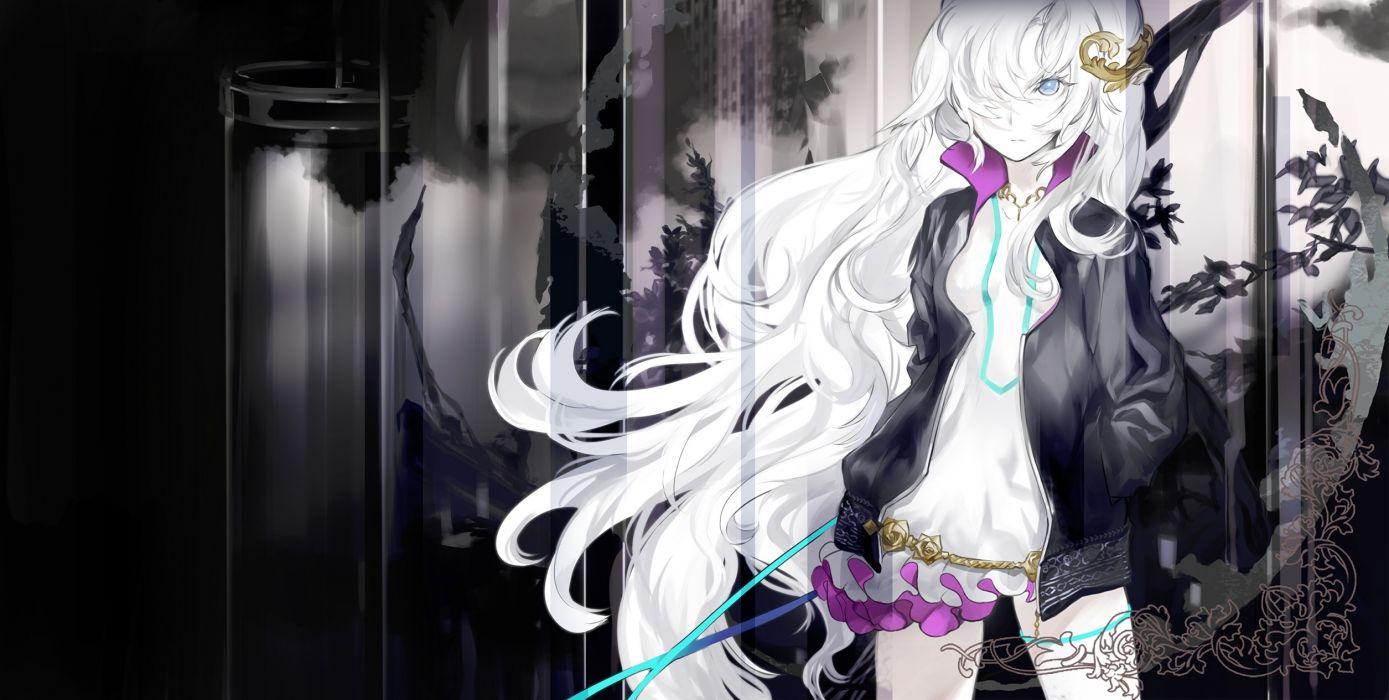 1389x700 Anime girl vocaloid white hair monochrome wallpaper