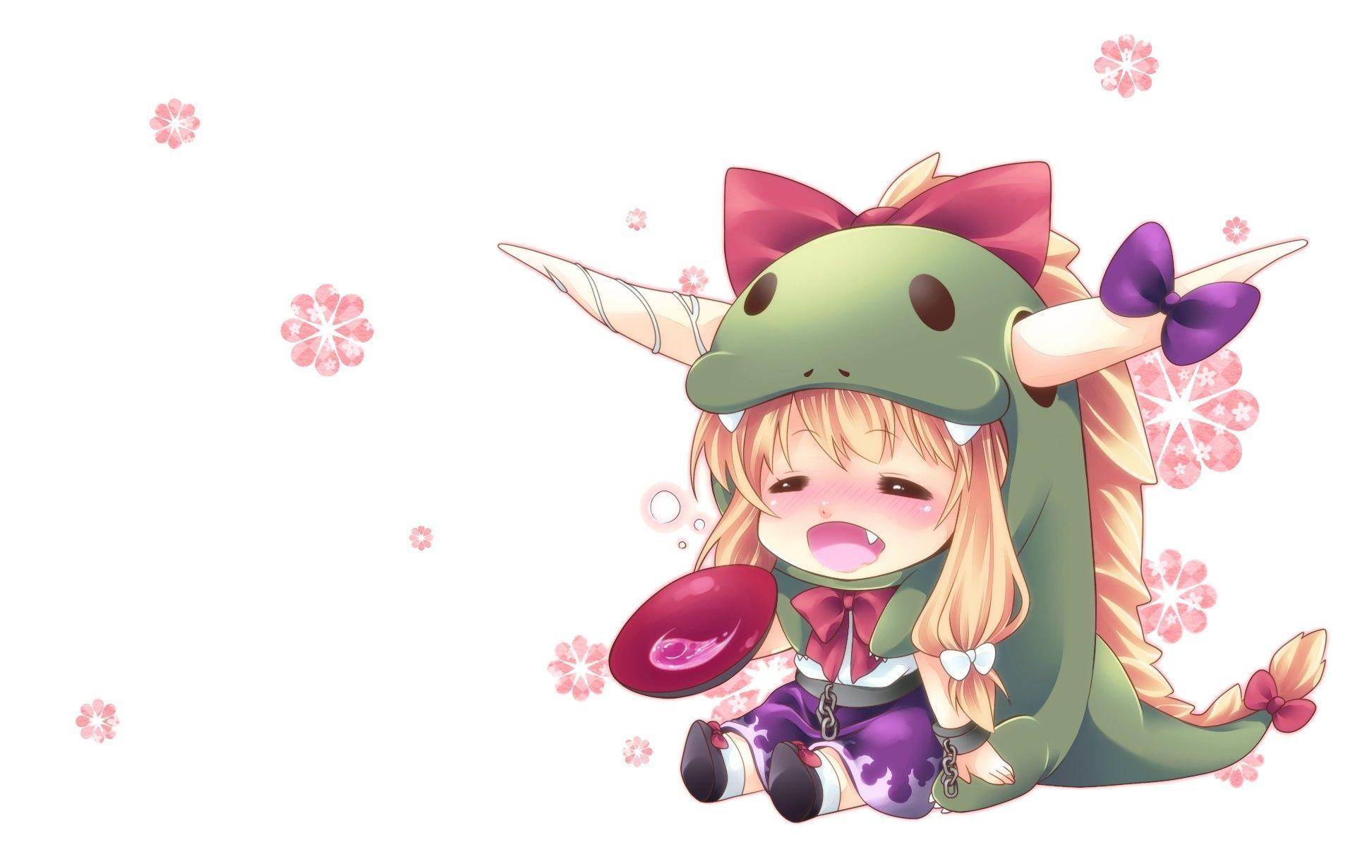 1920x1200 blondes touhou white chibi horns long hair ribbons blush