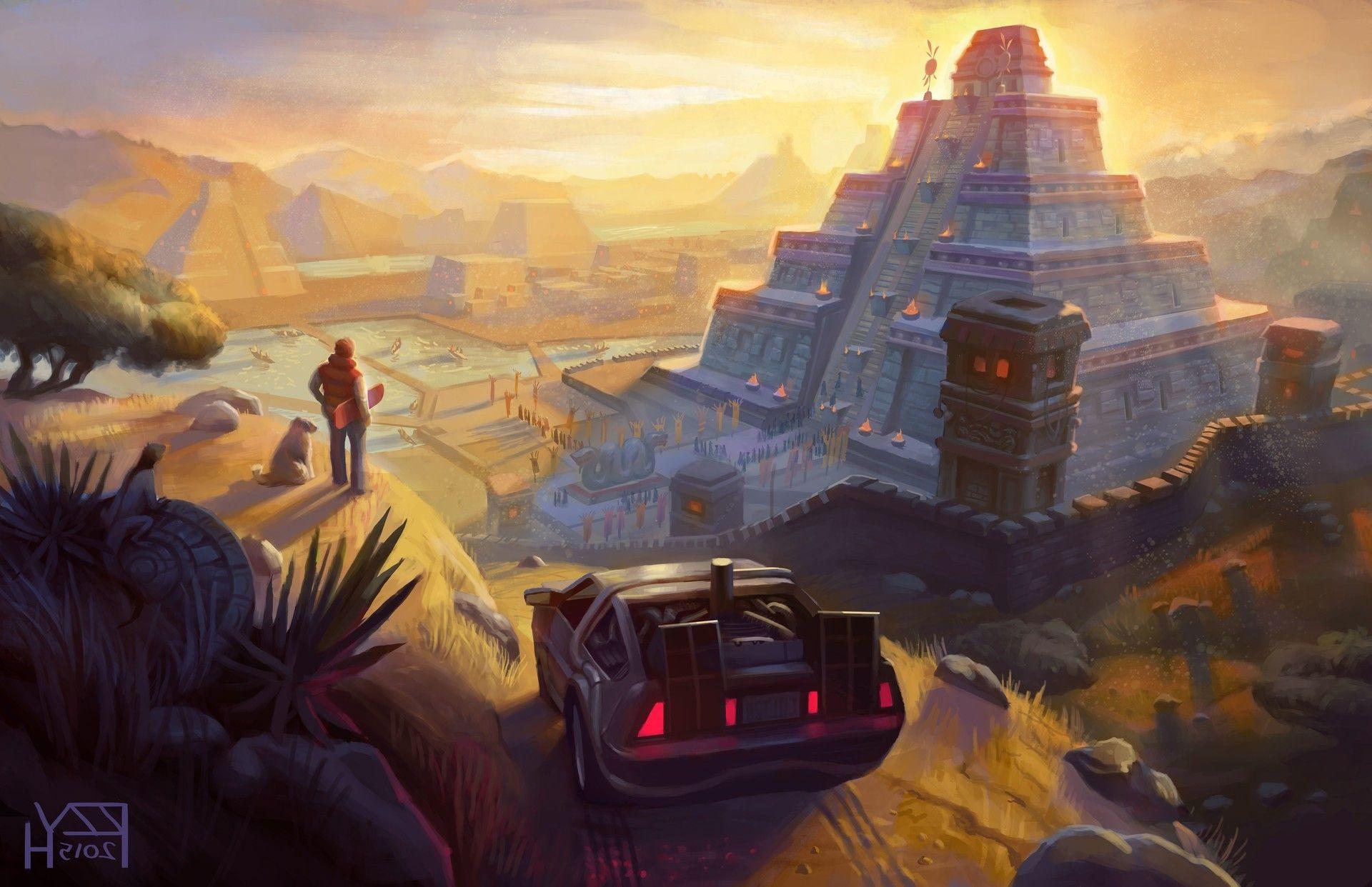 1920x1242 artwork, Fantasy Art, Back To The Future, DeLorean, Pyramid