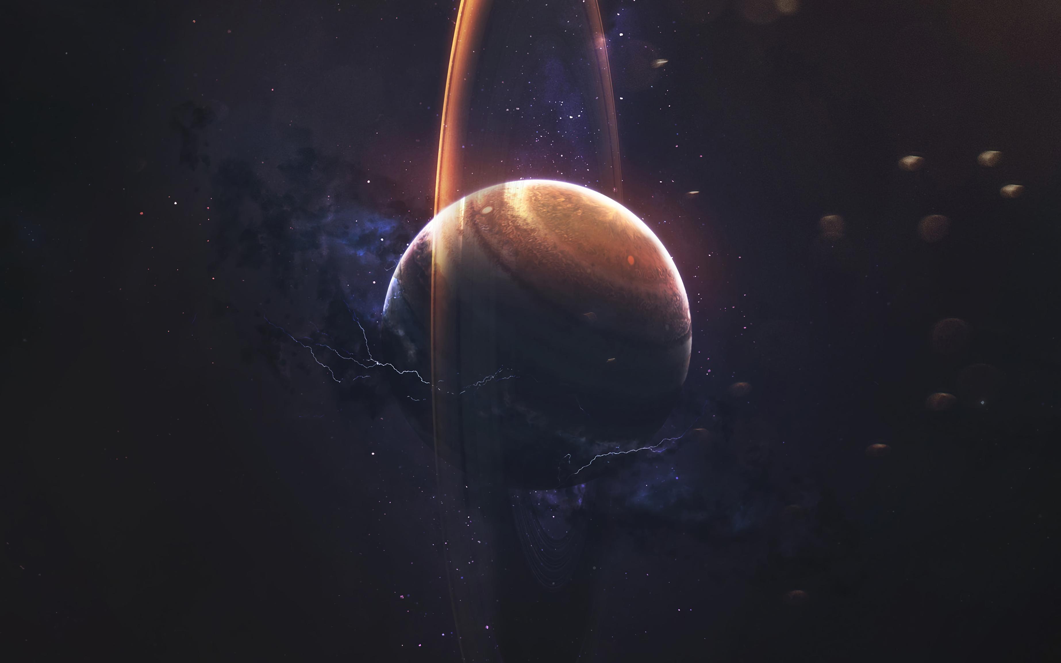 3692x2308 wallpaper saturn, planet, ring, space, stars, lightning HD