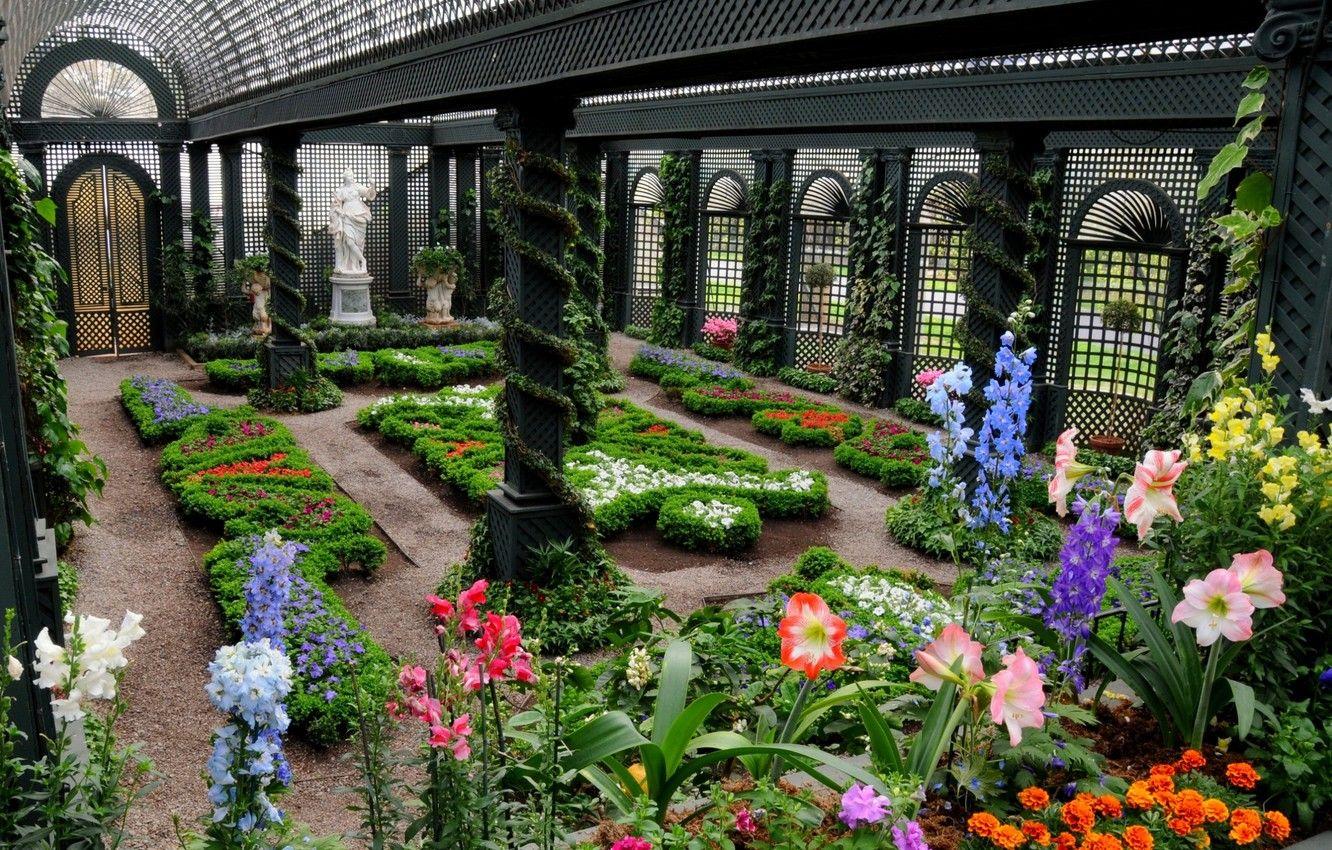 1332x850 Wallpaper flowers, statue, beds, greenhouse image