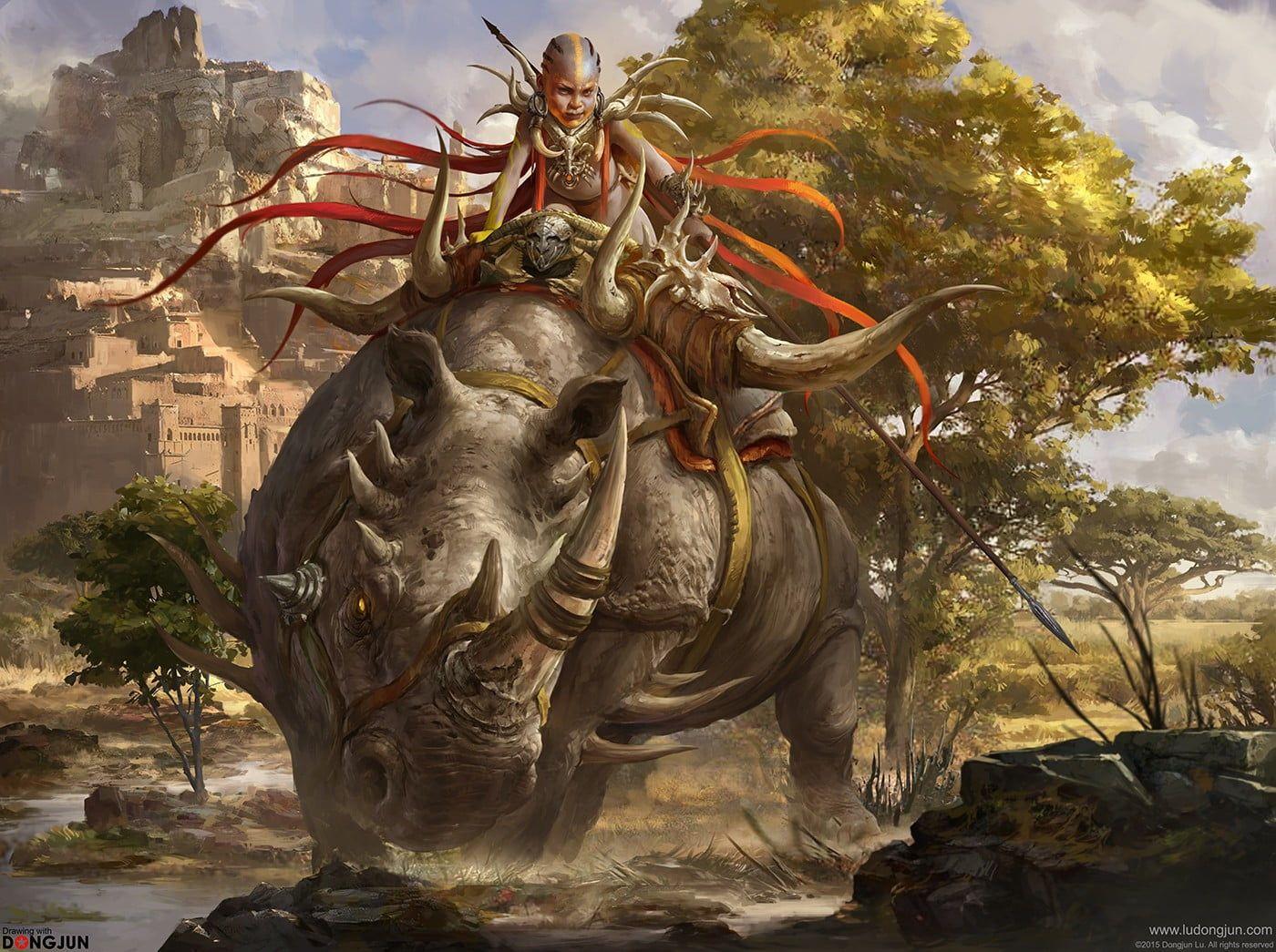 1400x1045 Warrior on rhino illustration, fantasy art, warrior HD