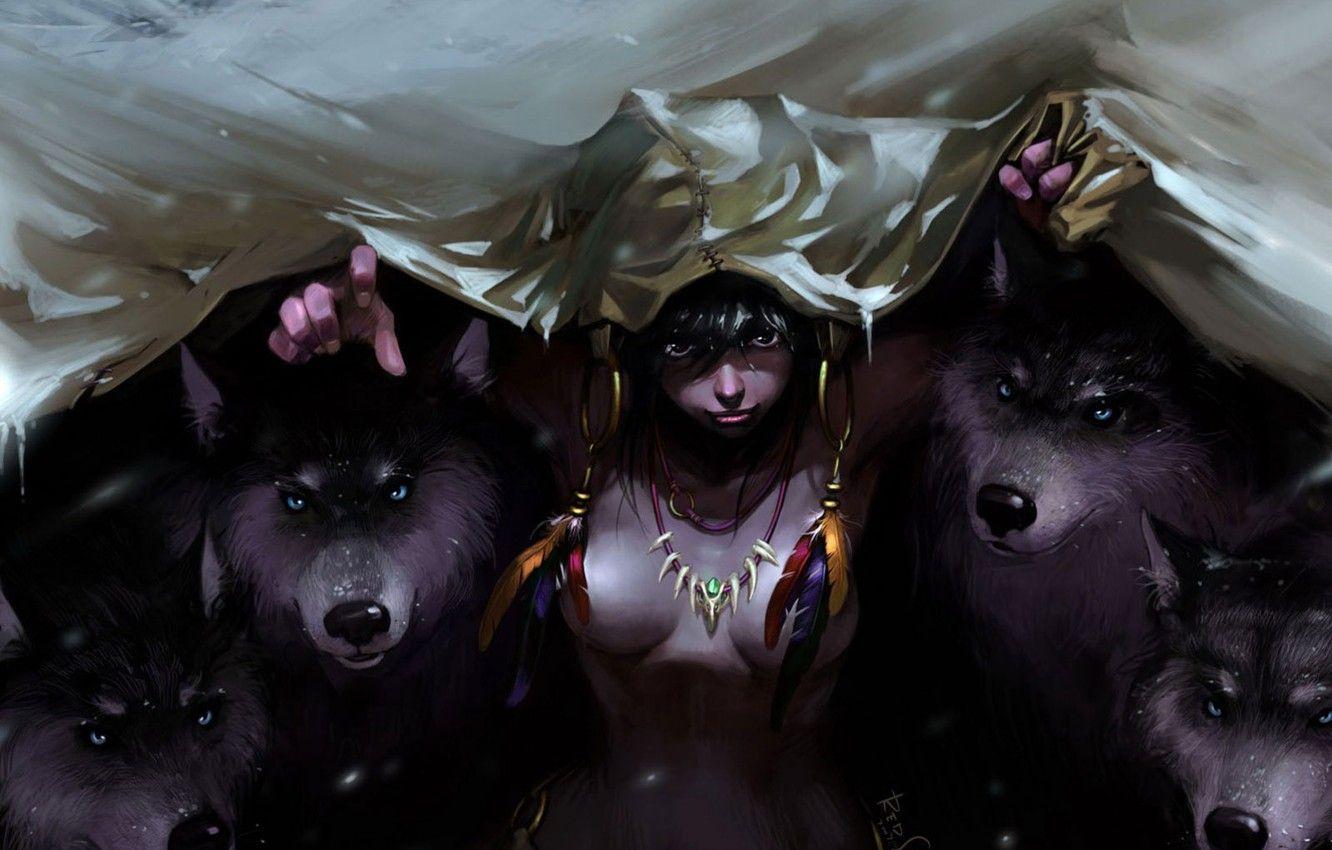 1332x850 Wallpaper look, girl, pack, wolves, Mowgli image