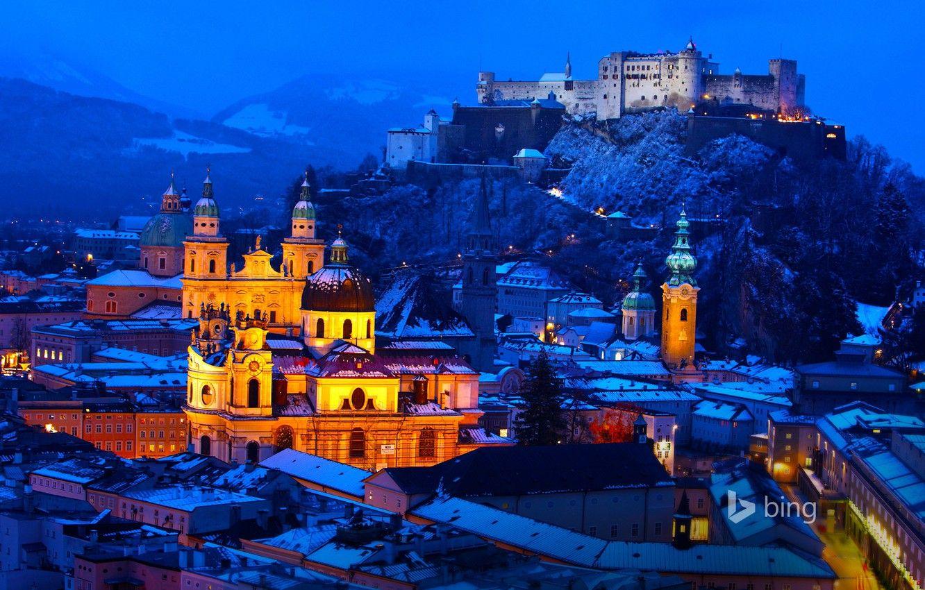 1332x850 Wallpaper winter, snow, mountains, night, lights, castle