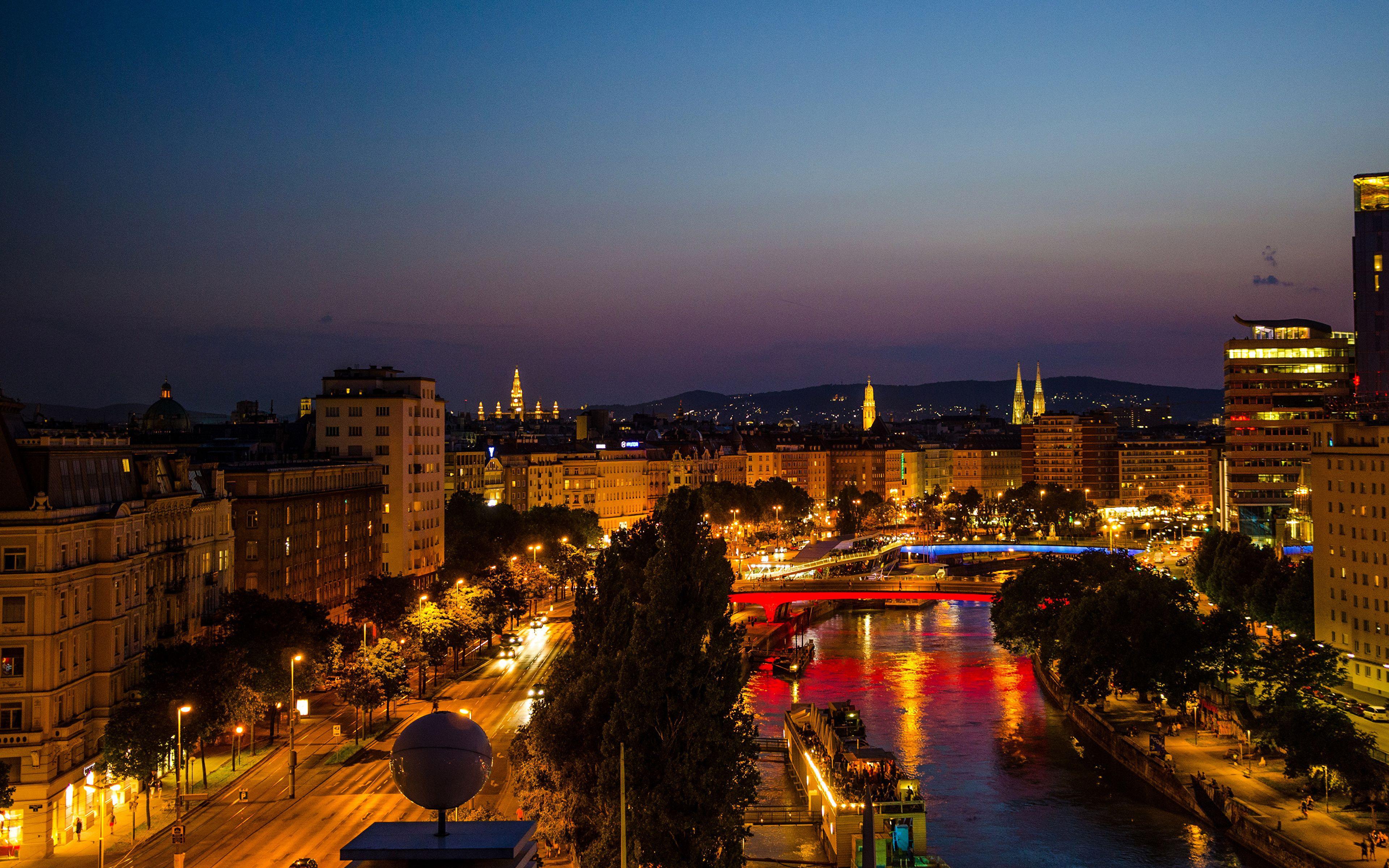 3840x2400 Wallpaper Vienna Austria Bridges Roads river night time