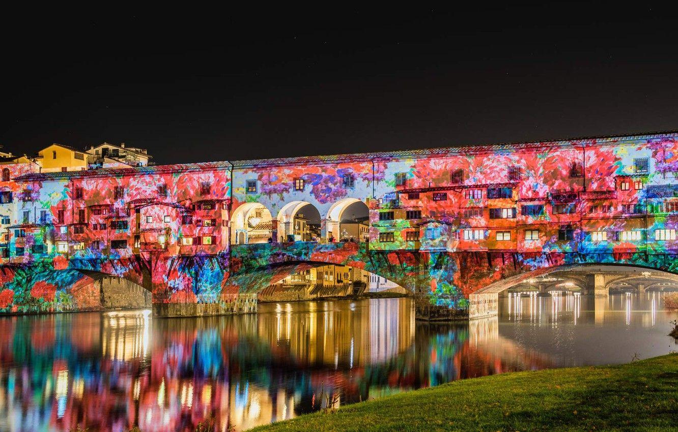 1332x850 Wallpaper night, bridge, lights, river, Italy, show