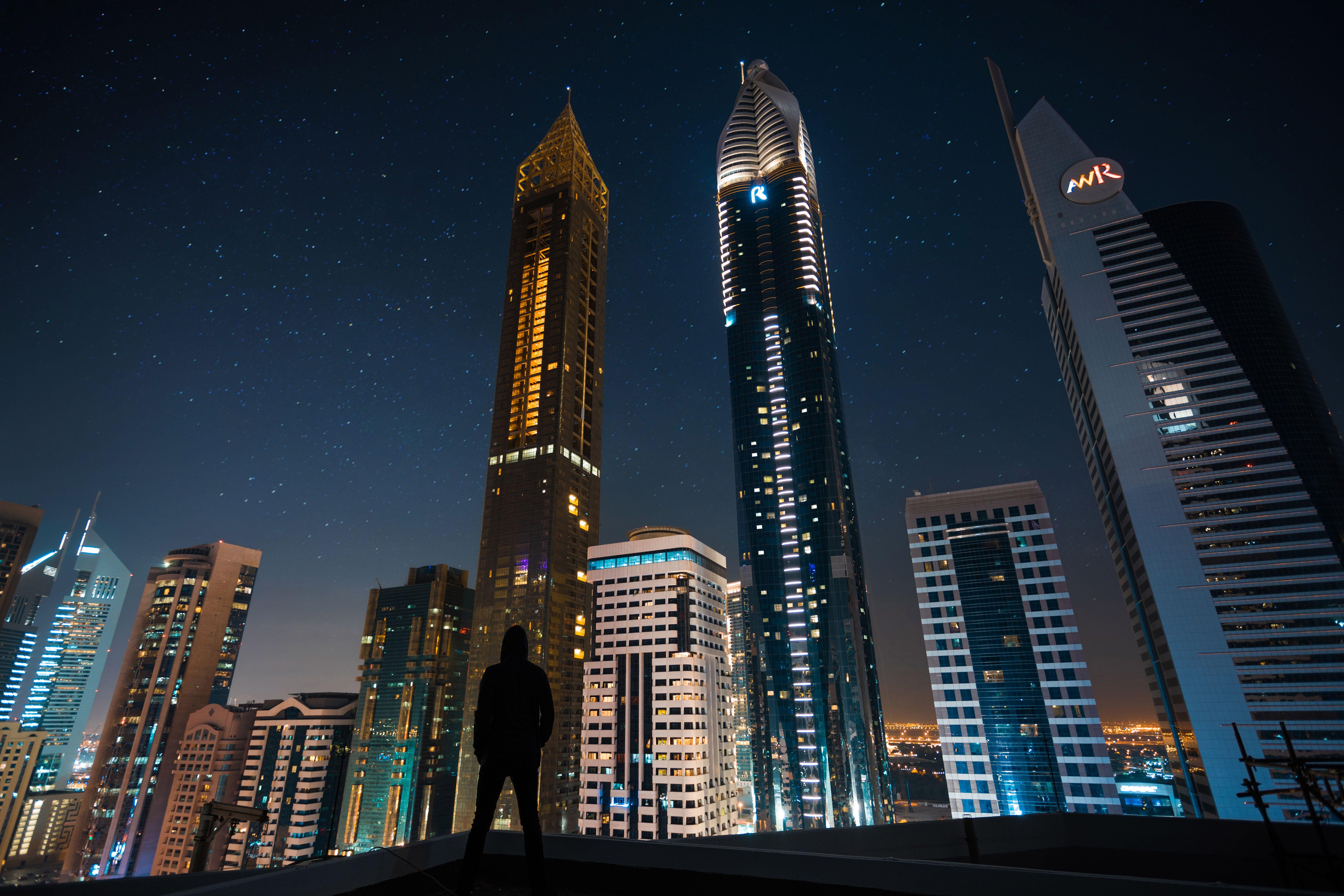 6535x4356 Man Standing Front Of Tall Buildings, HD Photography, 4k