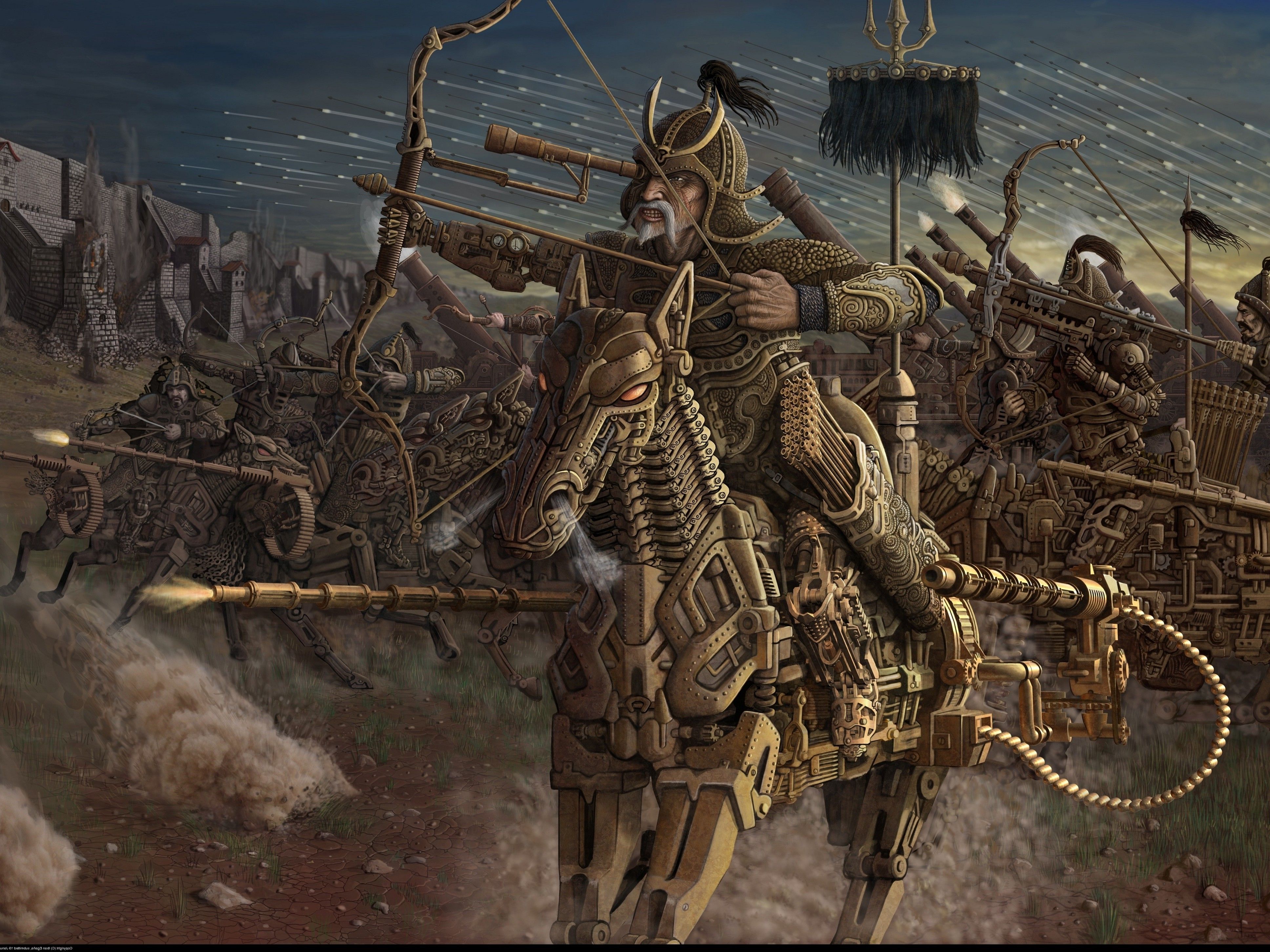 3872x2904 warrior soldier mongols ancient old horse fantasy art weapon machine arrows war building bow turk smoke wall, HD Wallpaper