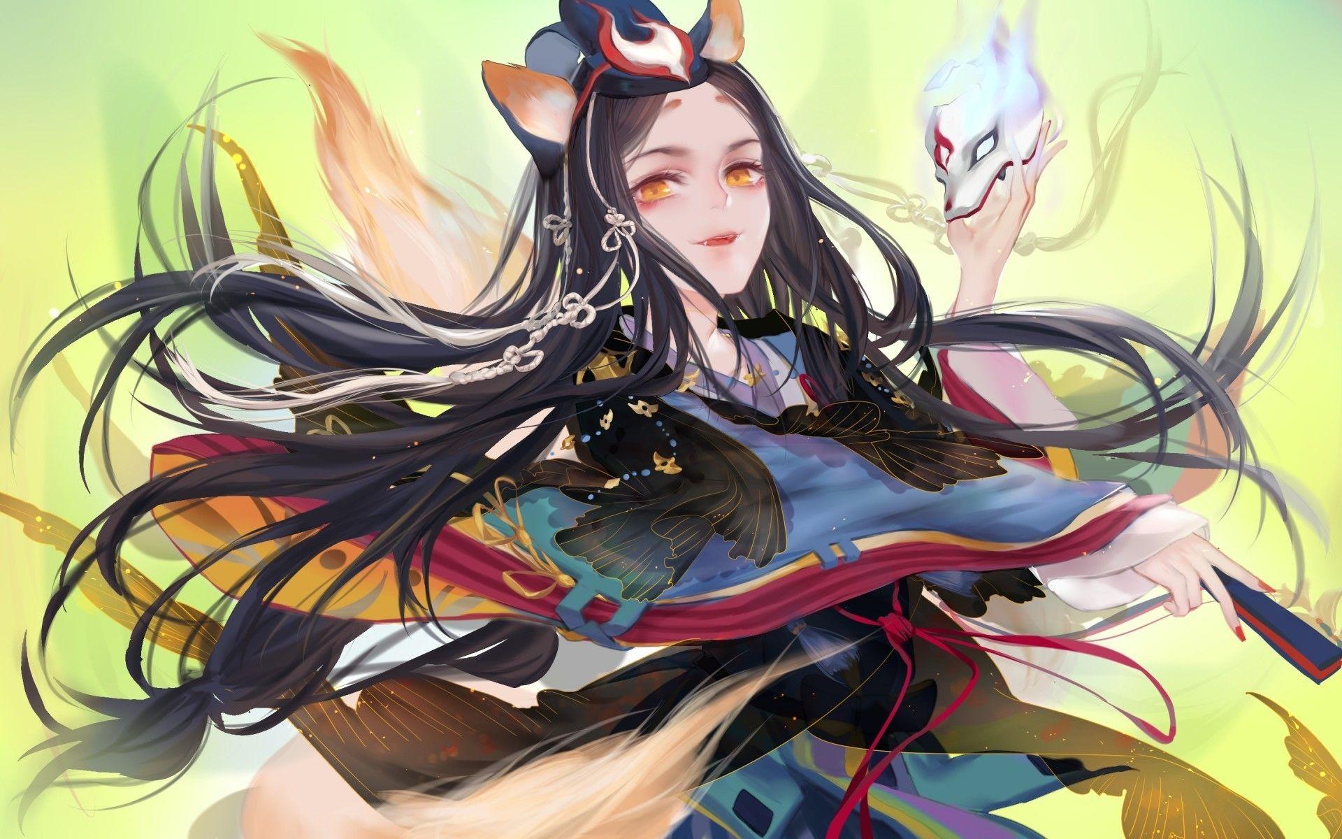 1920x1200 Download 1920x1200 Fox Girl, Black Hair, Japanese Clothes