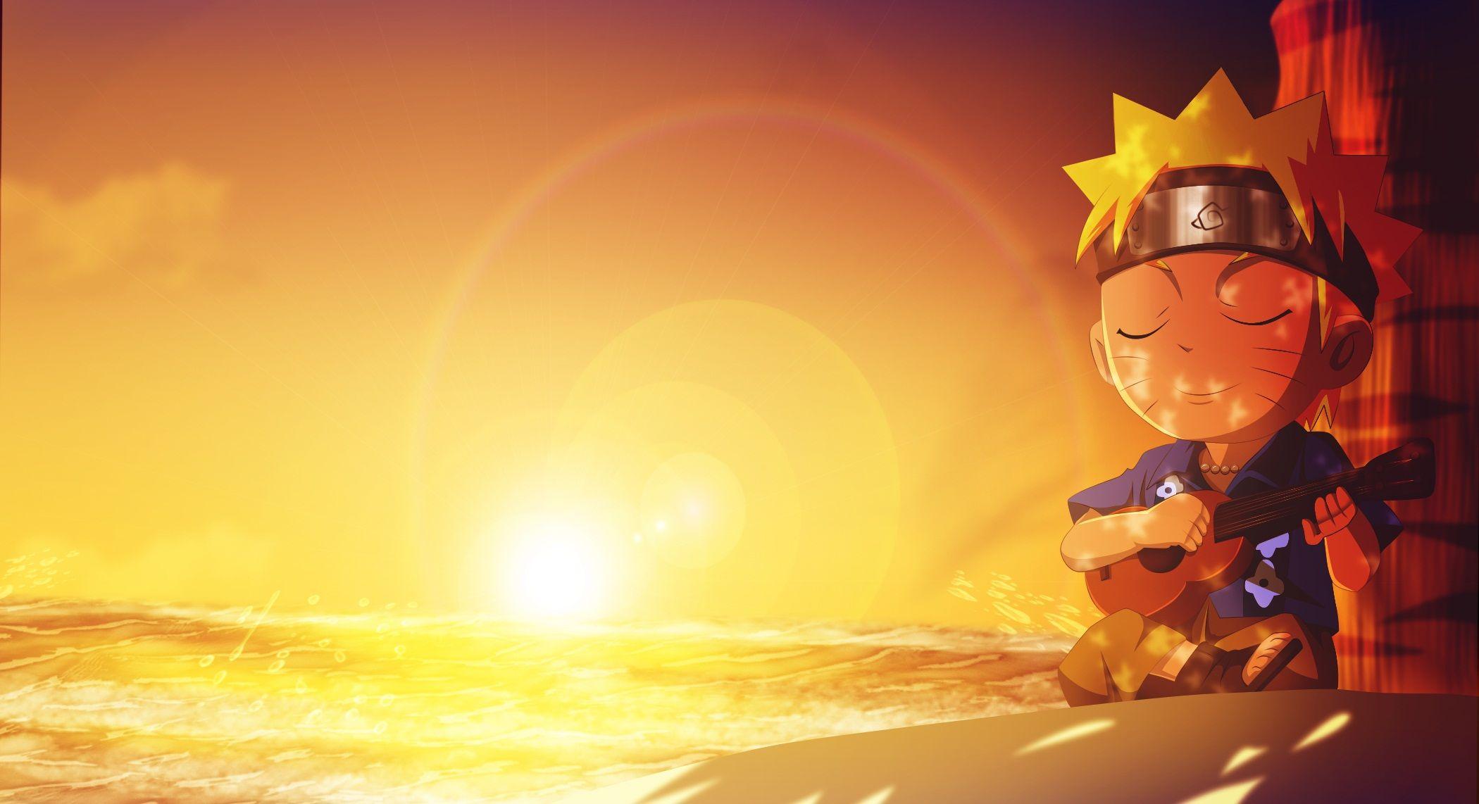 2100x1142 Chibi, Hawaii, Beach, Naruto Uzumaki, Sunset
