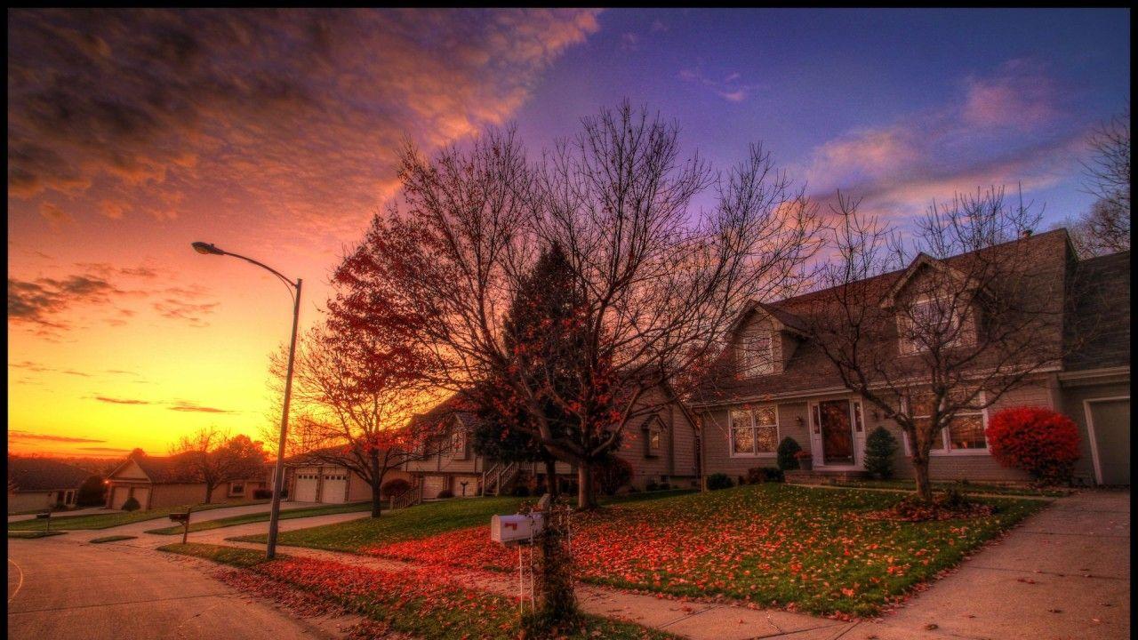 1280x720 Houses Autumn Road Nice Sunset wallpaper. Houses Autumn