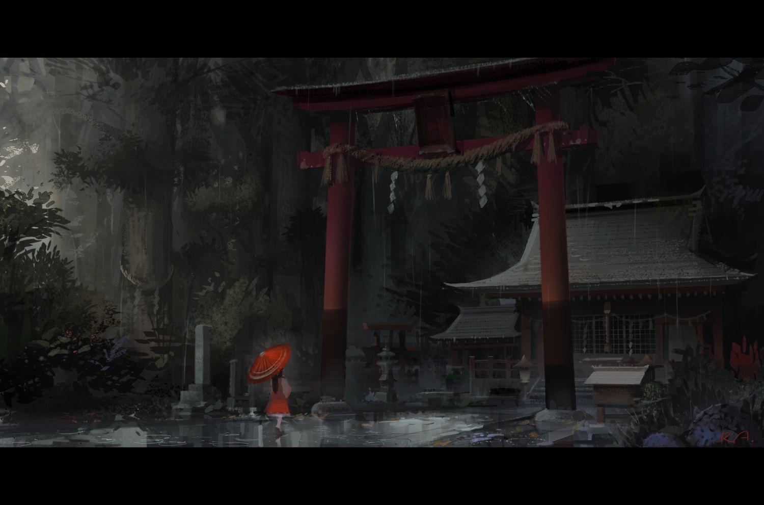 1500x991 alphonse dark hakurei reimu japanese clothes miko rain